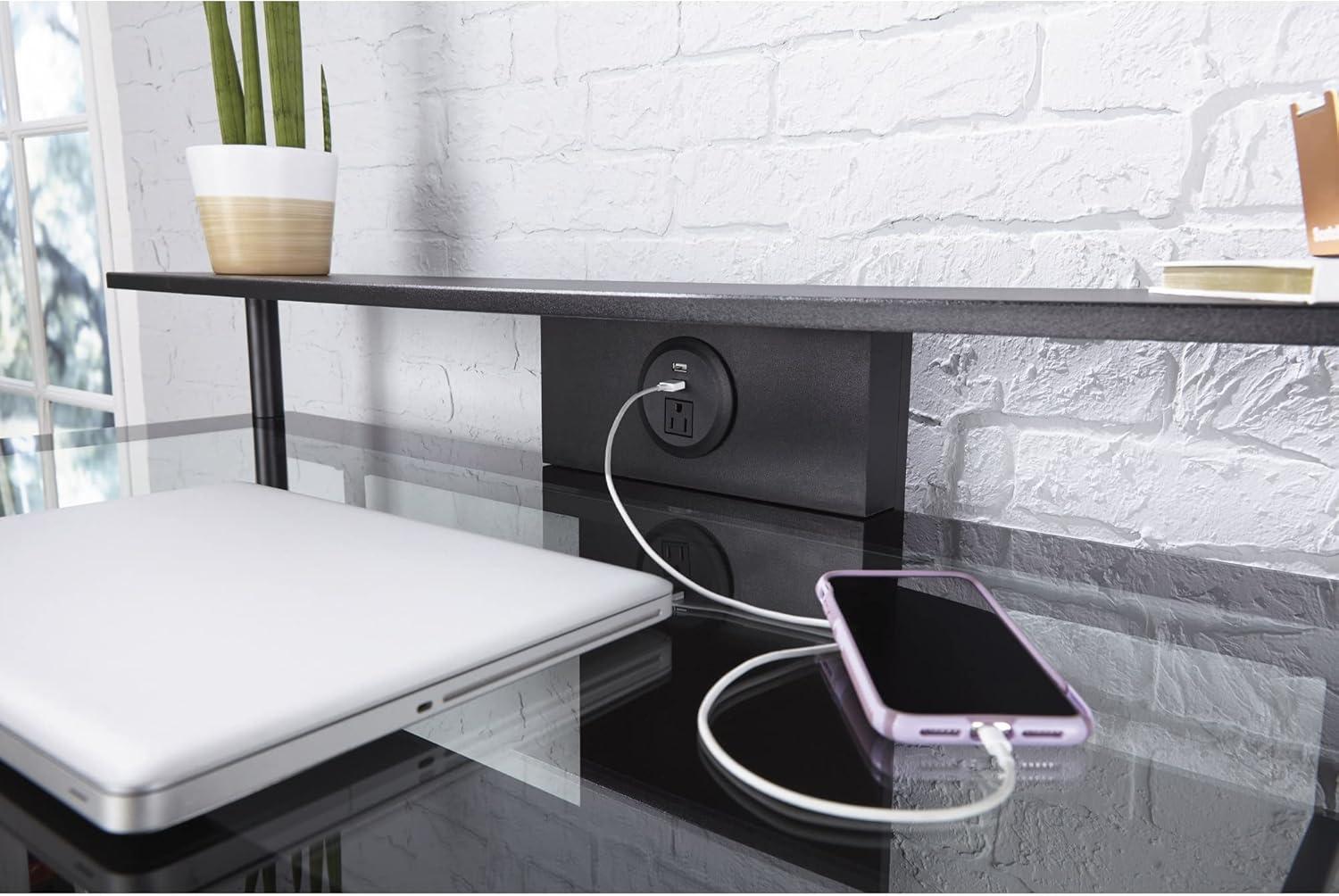 Black Glass Mobile Tech Desk with Power Outlet and USB Port