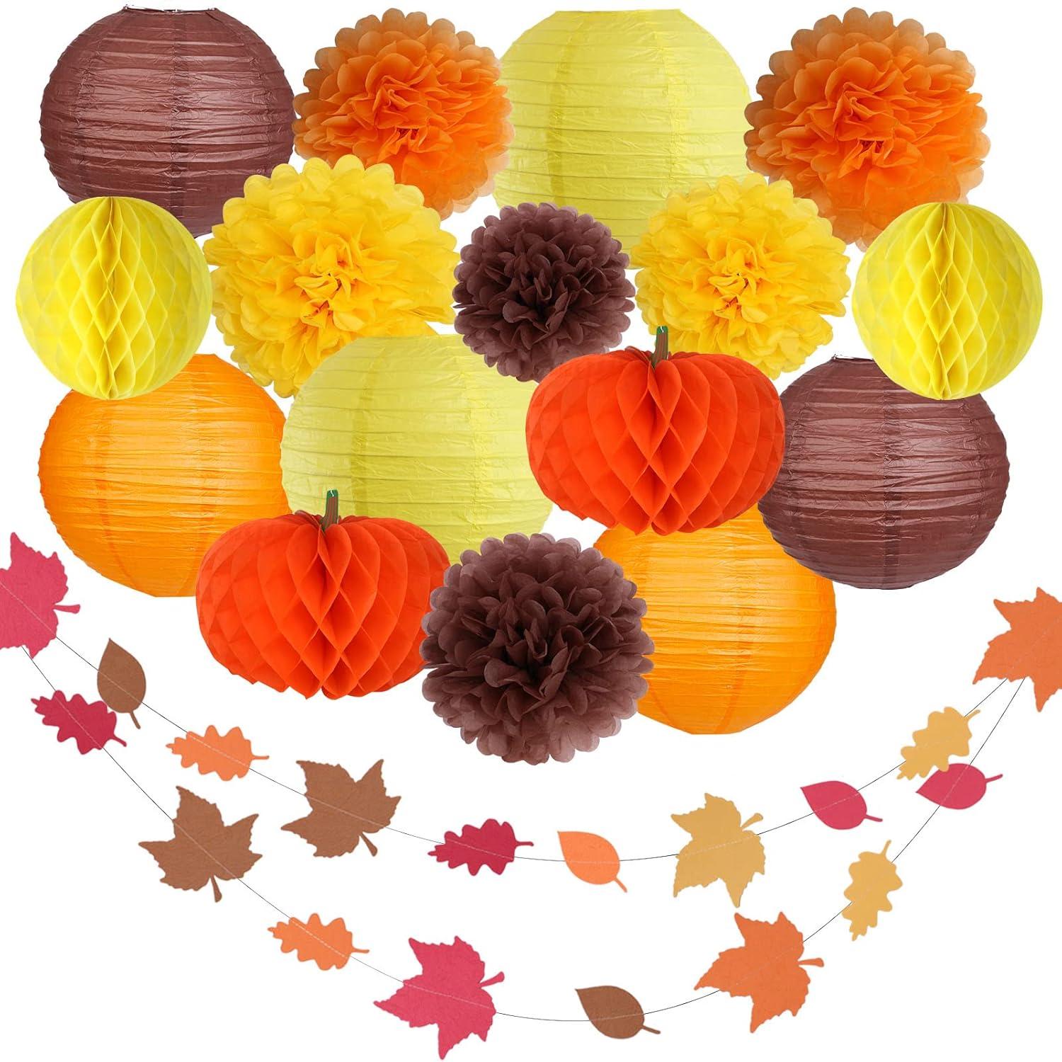 Thanksgiving Party Decorations Supplies Kit Hanging Paper Lantern Tissue Honeycomb Ball Pom Poms Flowers Pumpkins Maple Leaf Garland for Fall Birthday Baby Showers Home Decor Indoor Outdoor E11