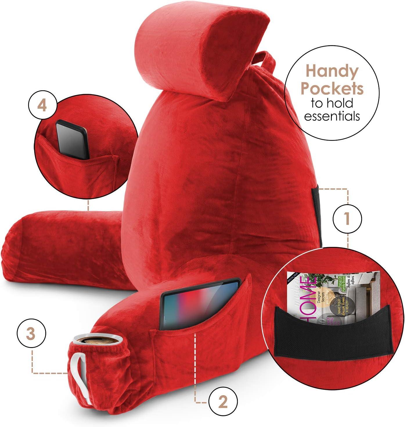 Nestl Reading Pillow with Shredded Memory Foam Includes 2 Neck and Lumber Support Pillows, Designed for Sitting Up in Bed and Couch, Back and Arms Adjustable Support for Adult & Teens, Red