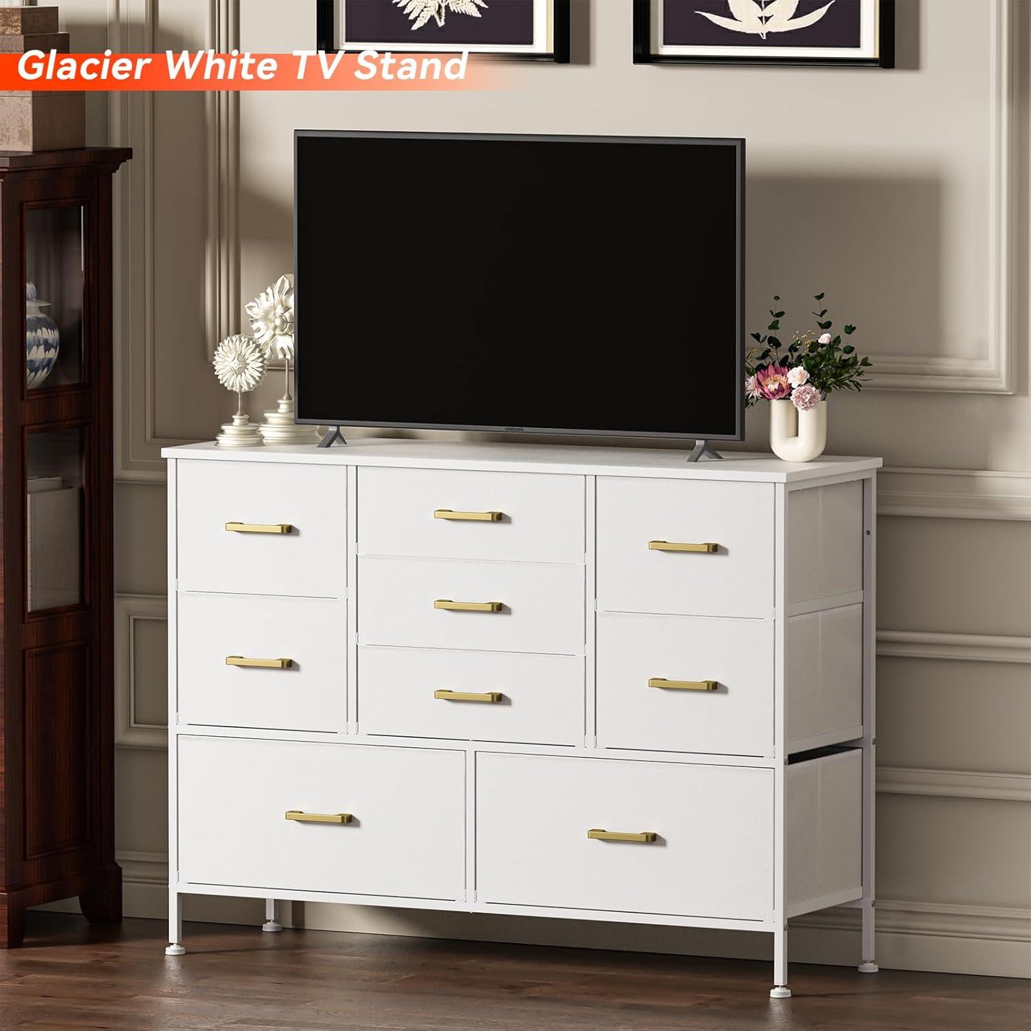 White Fabric Chest of Drawers with Leather Finish, Wide Dresser for Bedroom & Living Room TV Stand, Entertainment Center, Featuring 9 Drawers for 50” TV