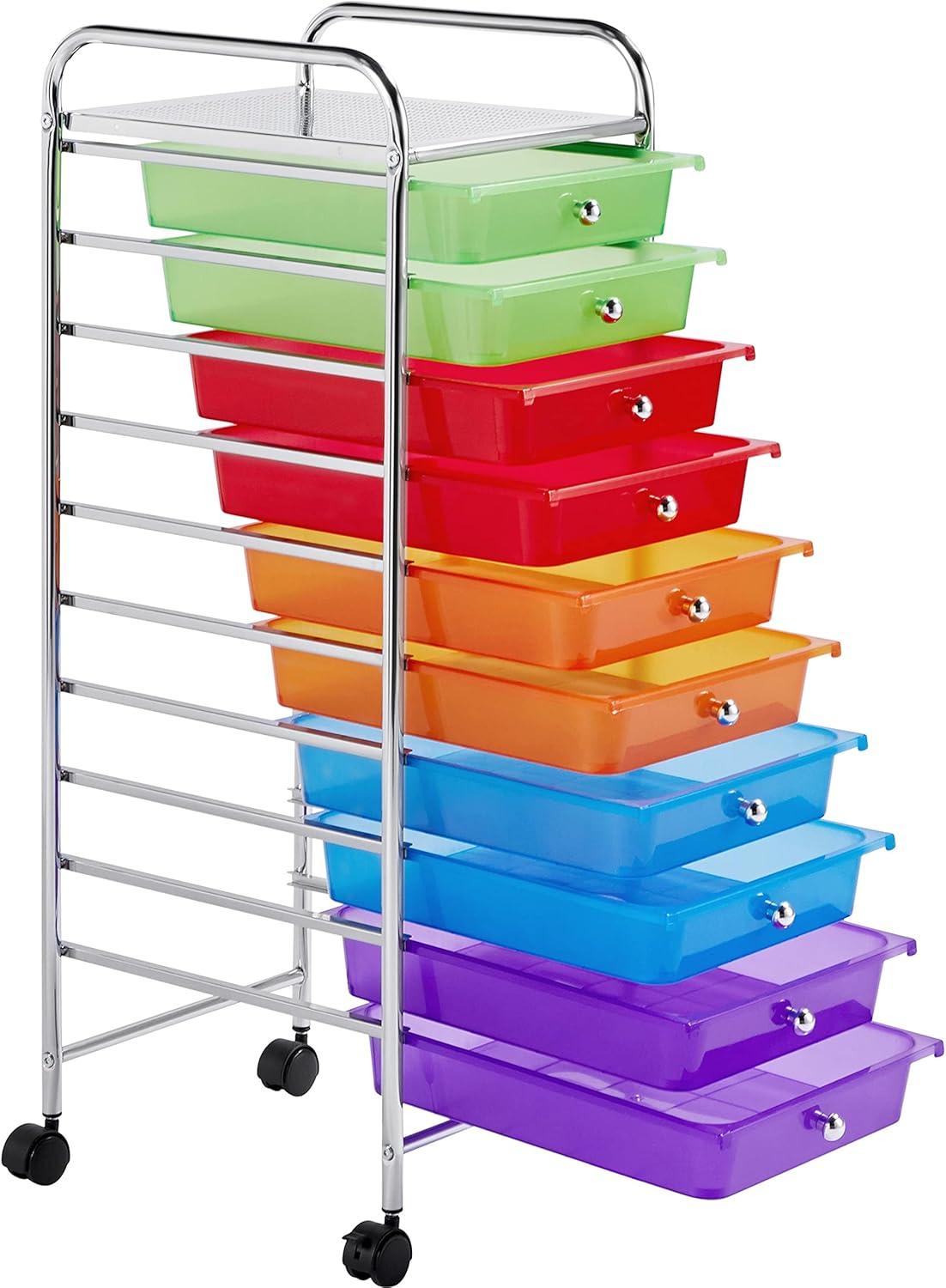 Multicolor 10-Drawer Rolling Utility Cart with Chrome Frame