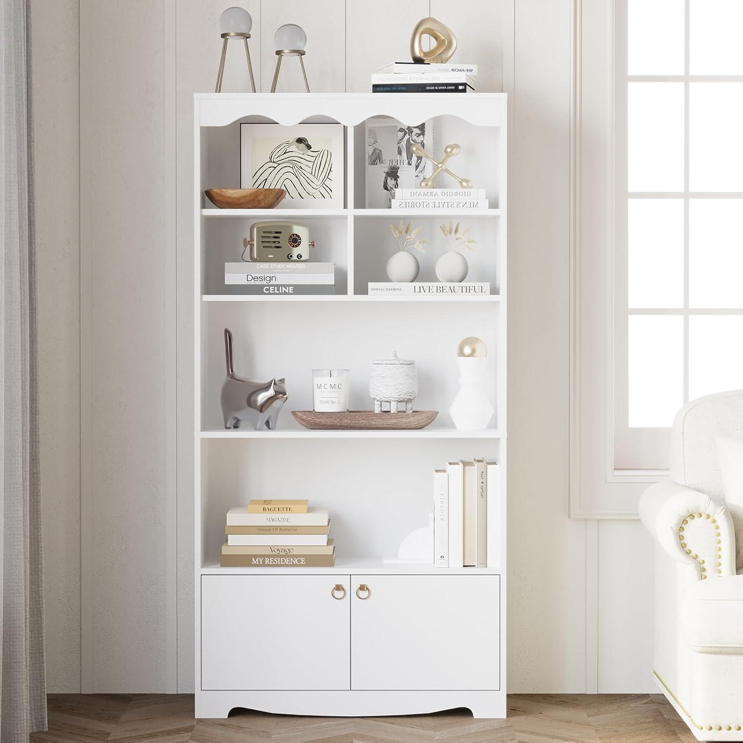 5-Tier White Bookcase, 63 Inch Tall Bookshelf with Open Storage Shelves & Doors, Modern Wooden Floor Standing Display Storage Shelves
