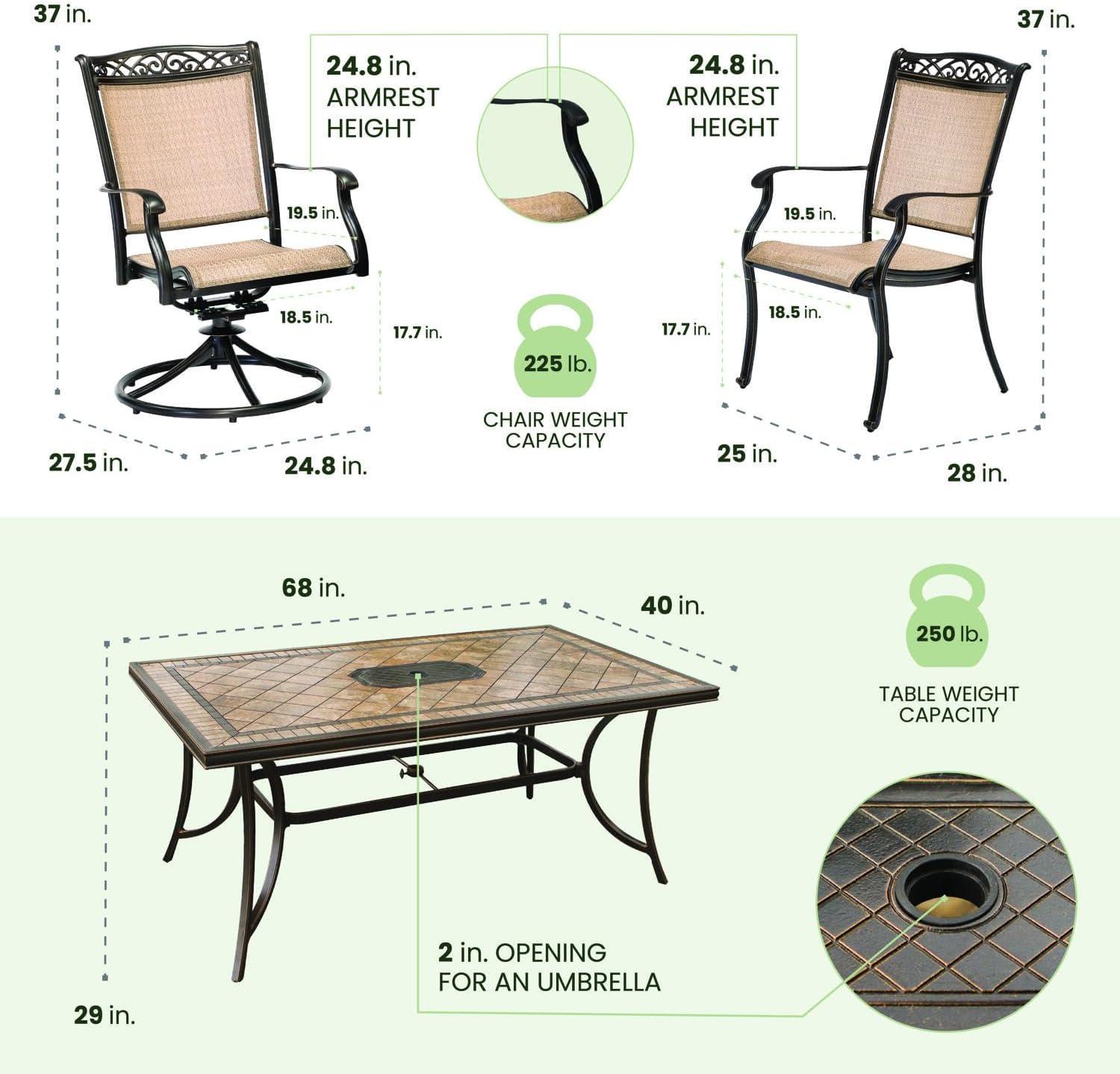 Hanover Fontana 7-Piece Outdoor Dining Set with 2 Sling Swivel Rockers, 4 Sling Chairs, and a 38-In. x 72-In. Cast-Top Table