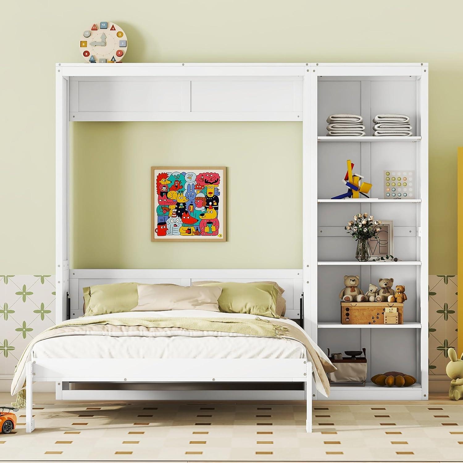 White Queen Murphy Bed with Shelves and Cabinet