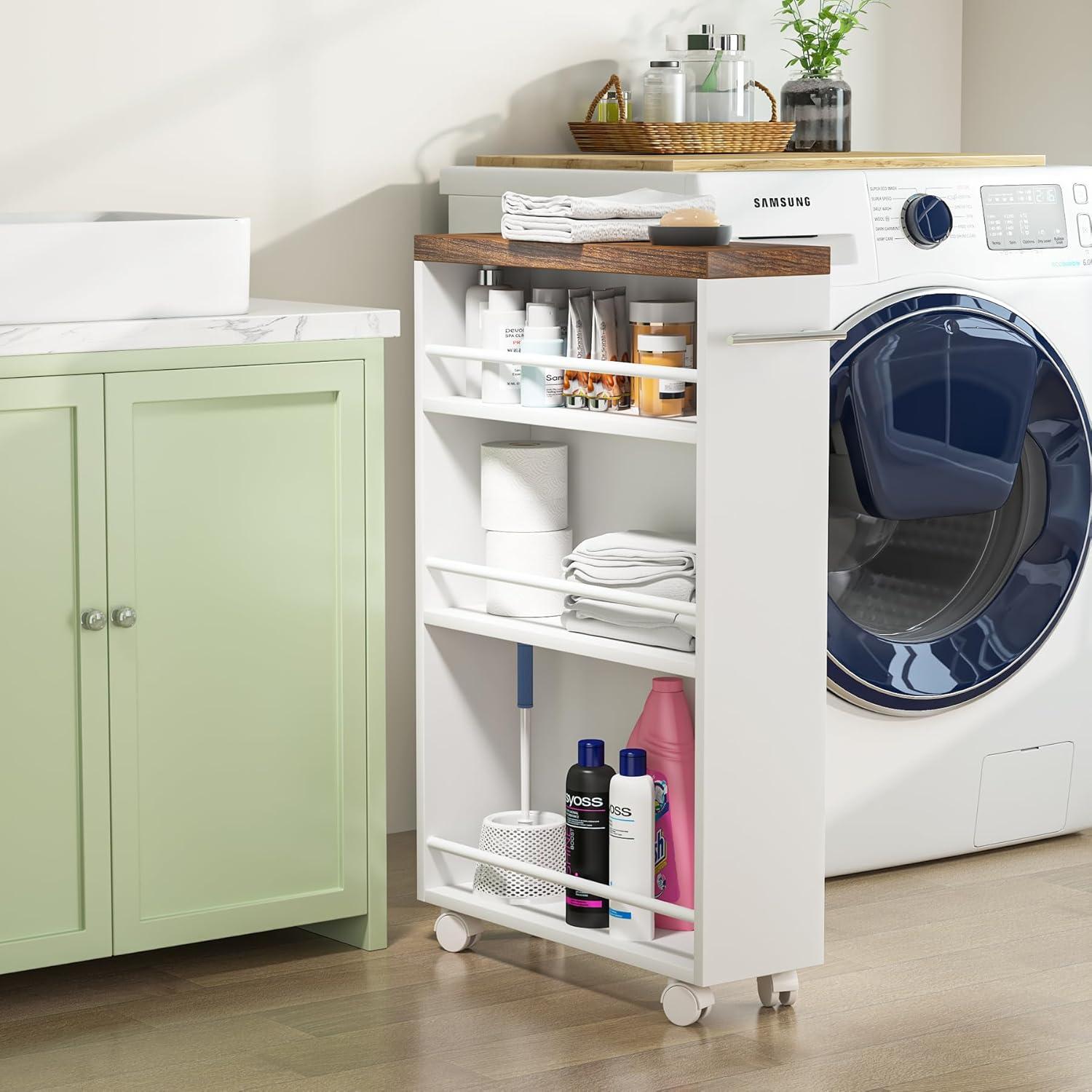 White and Brown Slim Rolling Kitchen Cart with Storage