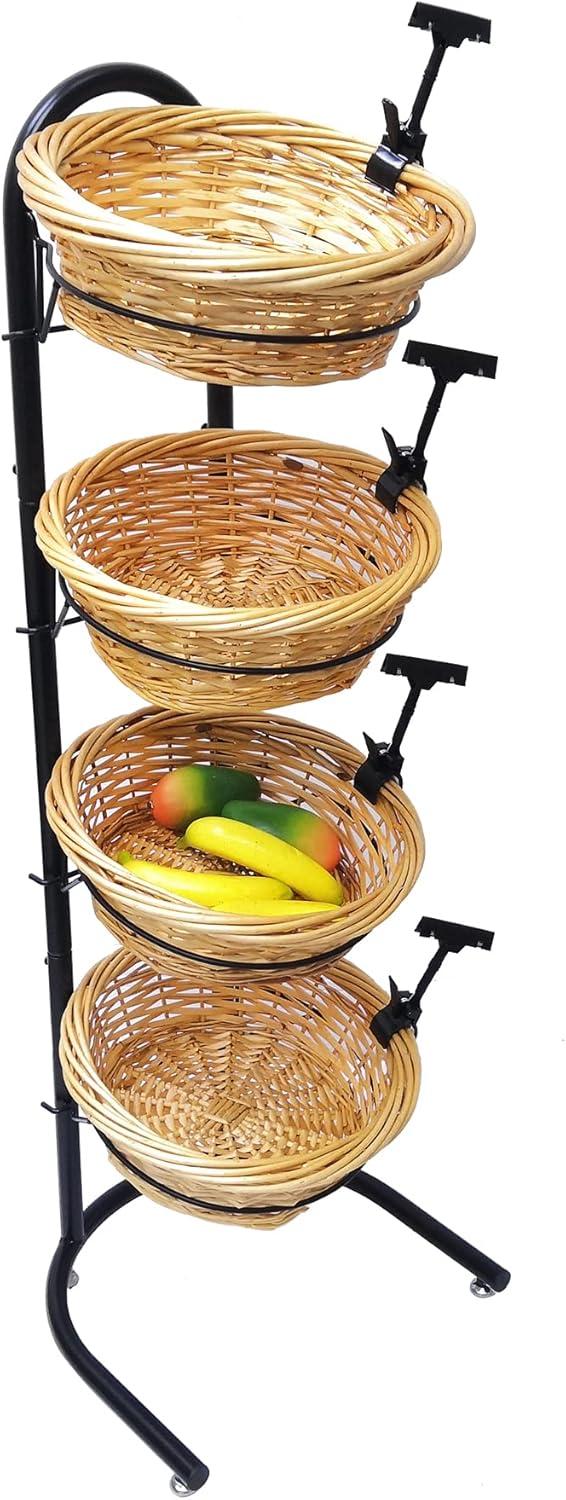 FixtureDisplays 4 Tier Basket Stand, Sign Clips, Wicker Grocery Store Rack Display, Market Basket Rack Kitchen
