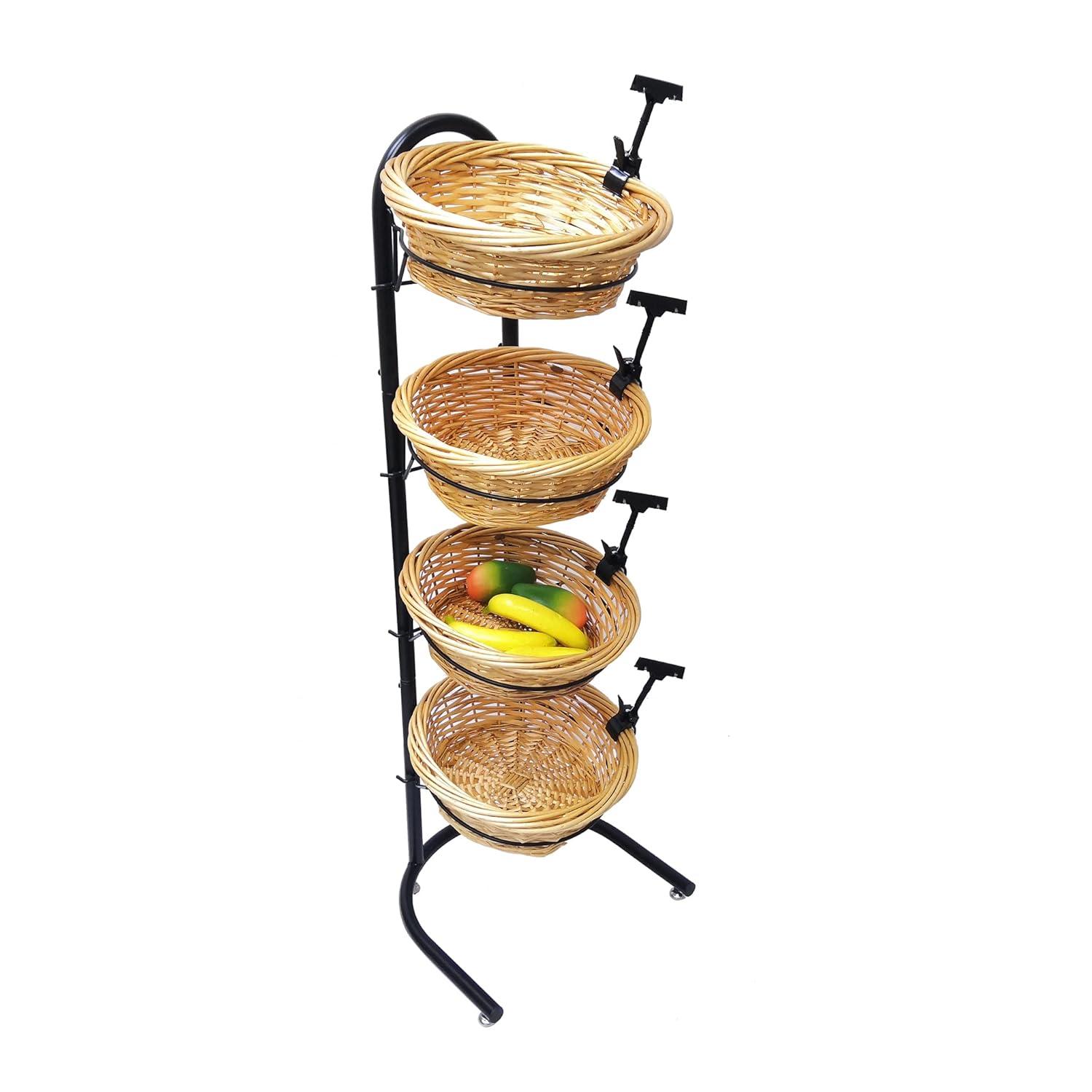 FixtureDisplays 4 Tier Basket Stand, Sign Clips, Wicker Grocery Store Rack Display, Market Basket Rack Kitchen | Wayfair
