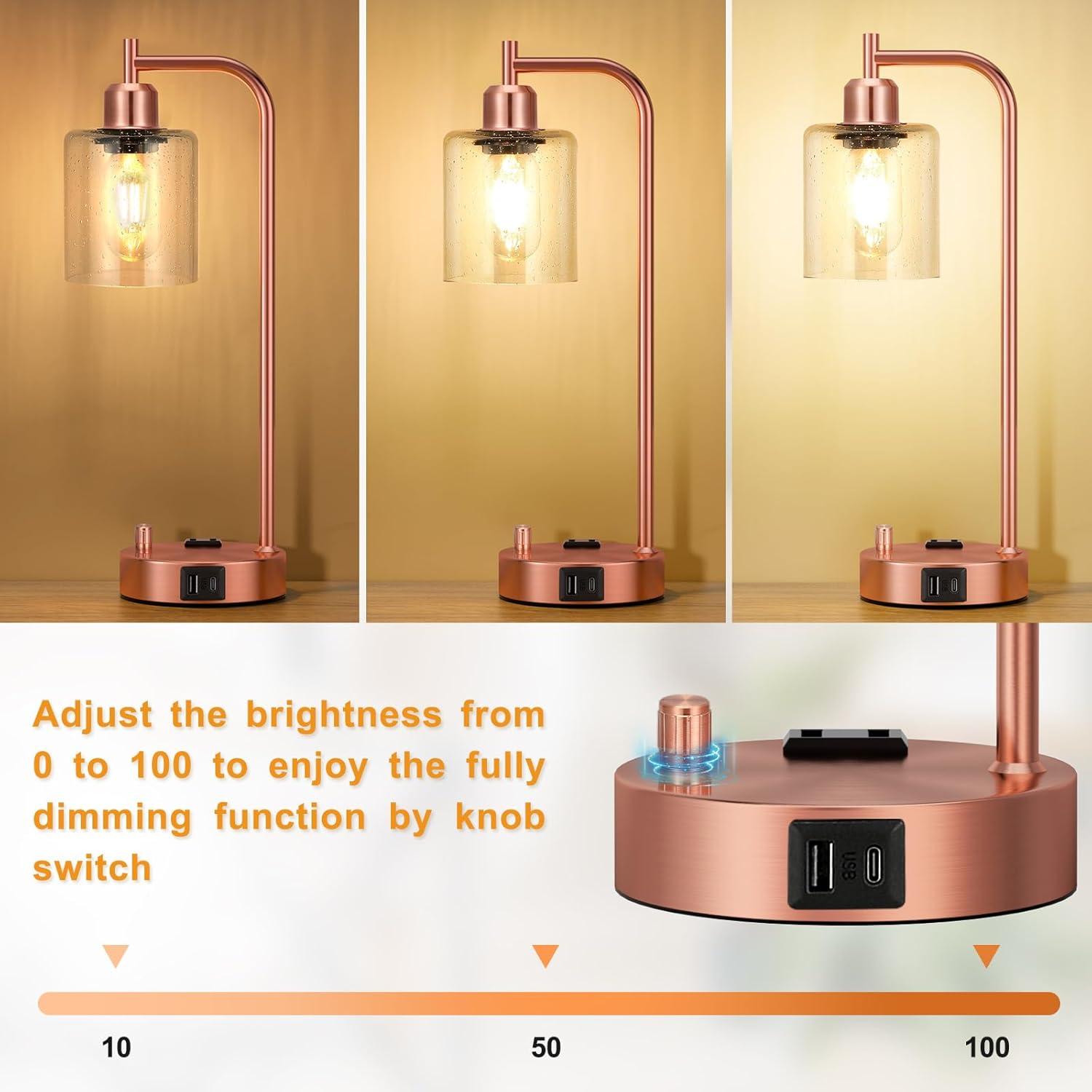 Latitude Run® Industrial Touch Table Lamps for Bedrooms Set of 2 - 3-Way Dimmable Nightstand Lamps with USB C+A Ports and Outlet, Bedside Lamps with Glass Shade for Living Room, Desk Lamps for Home Office