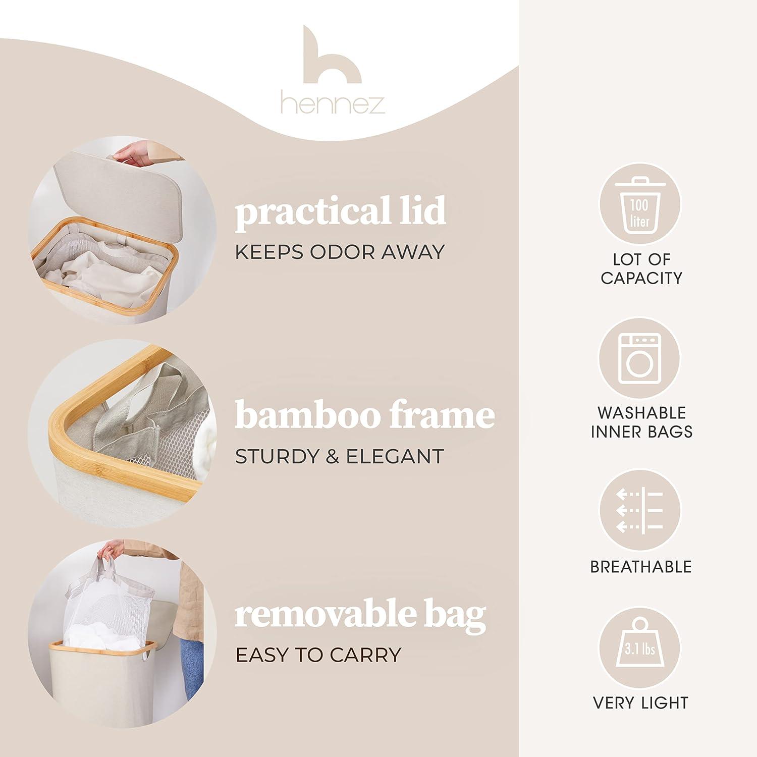 Hennez® Double Laundry Hamper with Lid, 2x Removable Bags, Thic Fabric, Bamboo Hamper 140Liter - 36gal - Light Gray