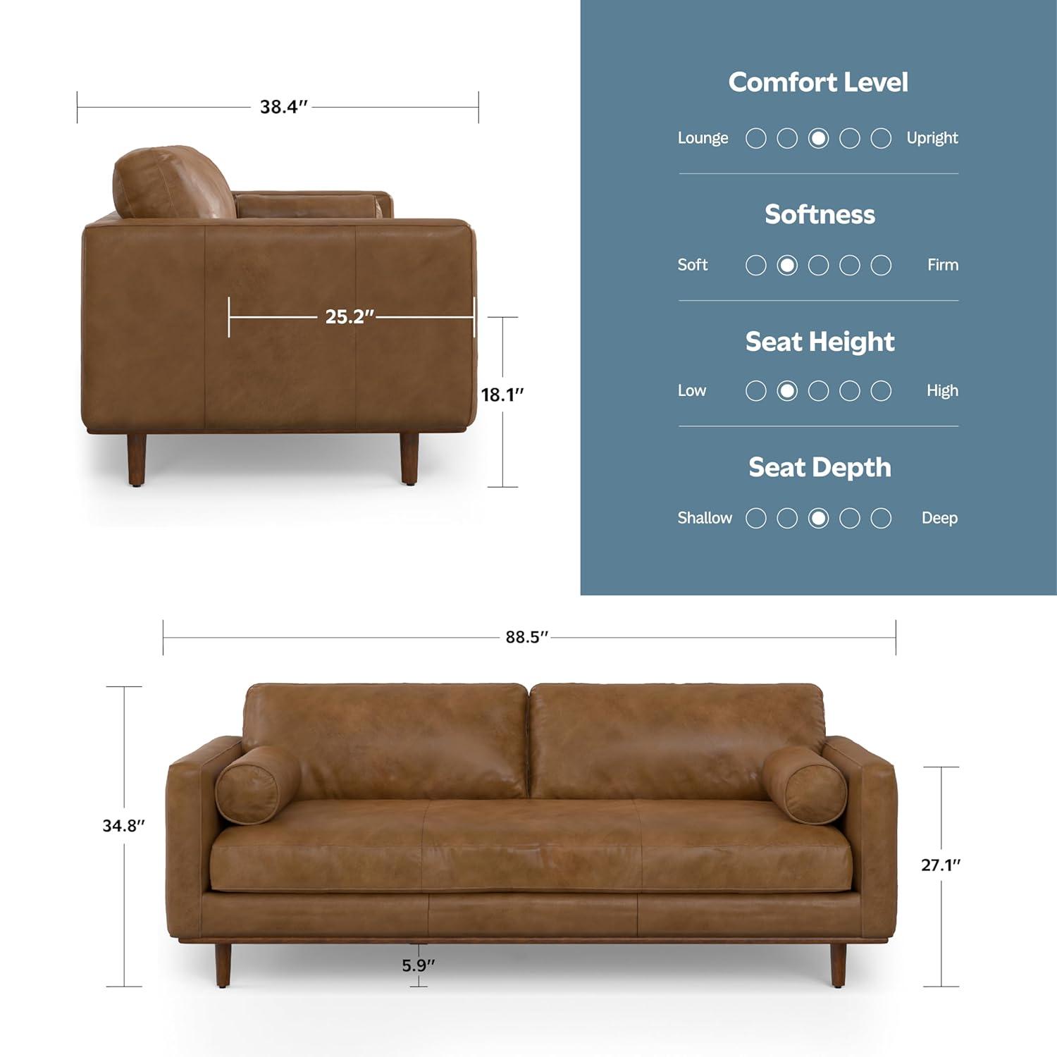 Simpli Home Morrison Genuine Leather Sofa, Mid-Century Modern Couch for Living Room, Handcrafted with Removable Cushions