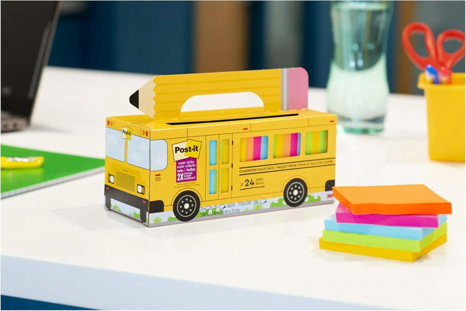 Post-it Super Sticky Notes Bus Pack, 3 x 3 Inches, Assorted, Pack of 24