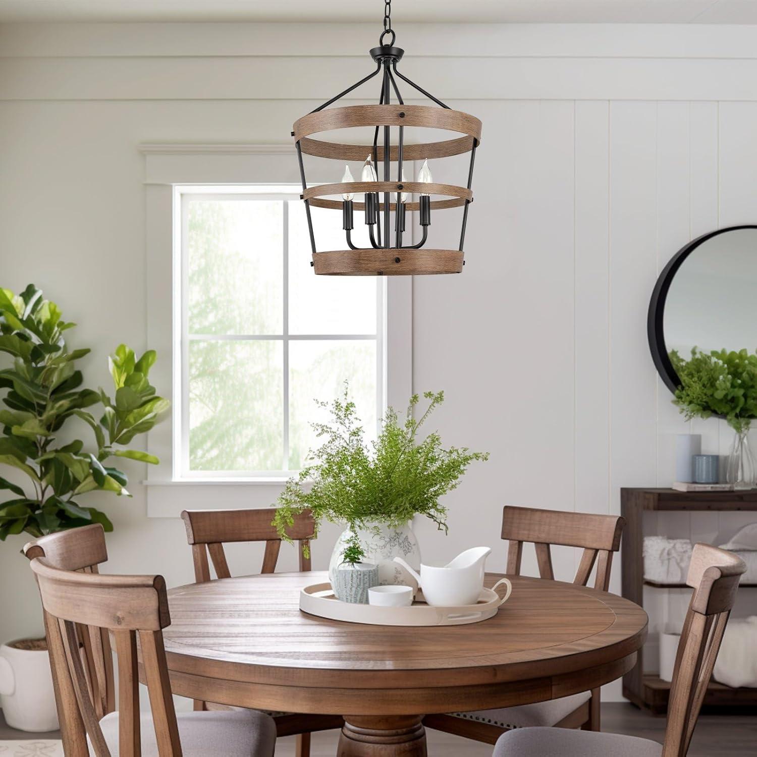 Bowen 21" Black and Walnut Metal Drum Pendant Chandelier