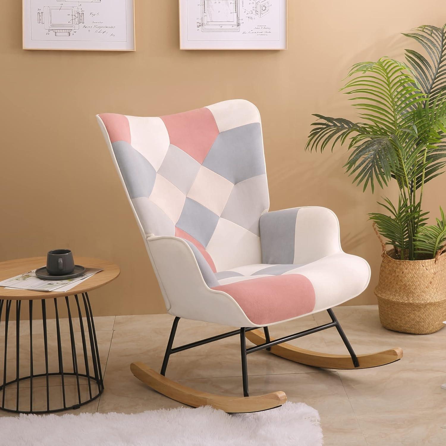 Accent Rocking Chair, Mid Century Fabric Rocker Recliner Chairs with Wood Legs and Patchwork Linen for Livingroom Bedroom, Pink