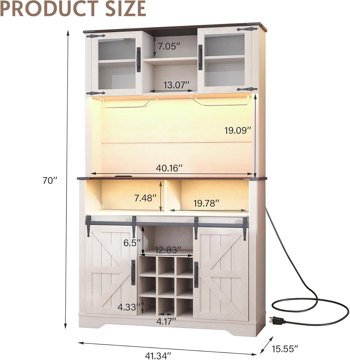 Gracie Oaks Coffee Bar Cabinet with Sliding Barn Door, Buffet Cabinet with Hutch, Kitchen Pantry Cabinet with Power Outlet & Lighting, Tall Liquor Chest for Home Dining Room, White