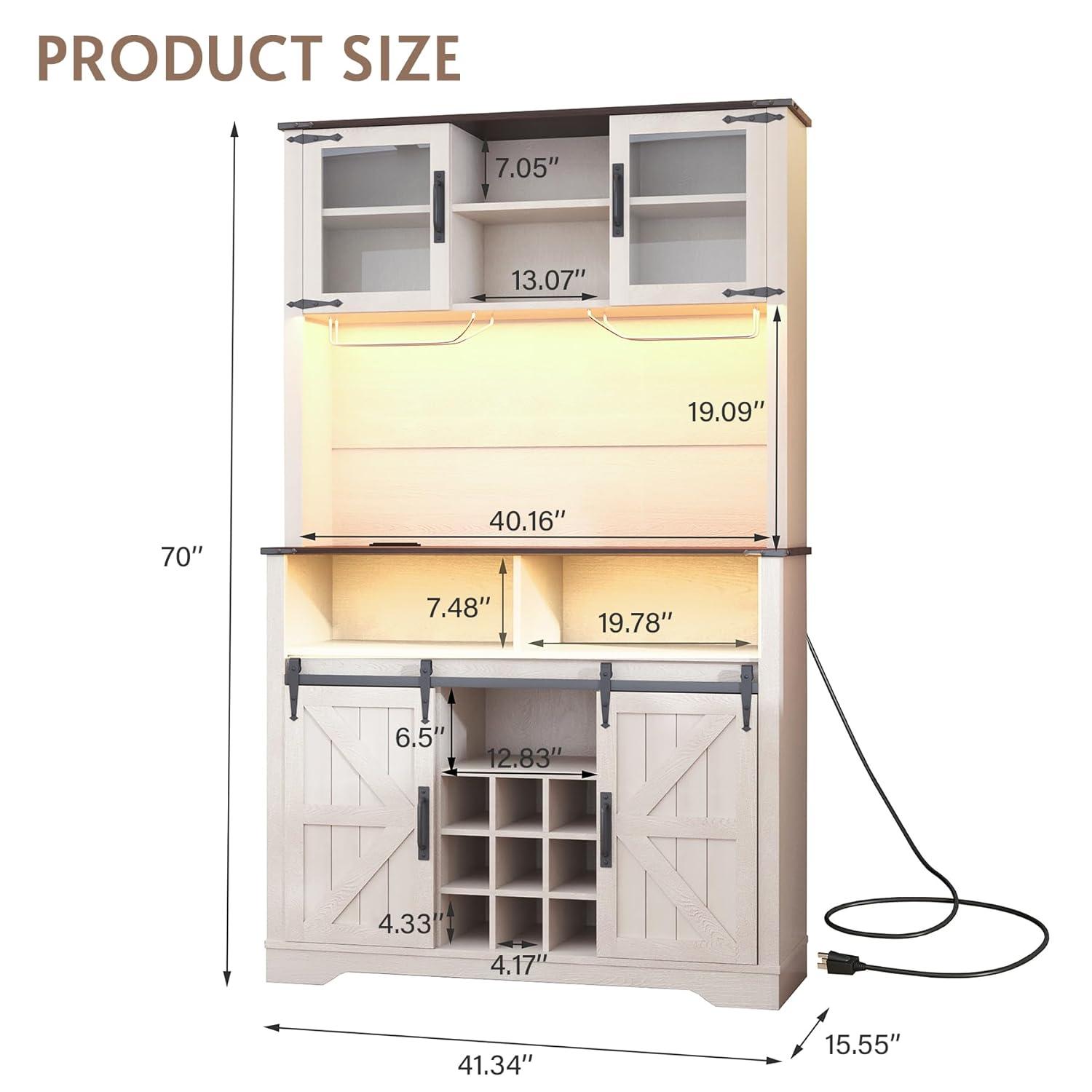 Gracie Oaks Coffee Bar Cabinet with Sliding Barn Door, Buffet Cabinet with Hutch, Kitchen Pantry Cabinet with Power Outlet & Lighting, Tall Liquor Chest for Home Dining Room, White