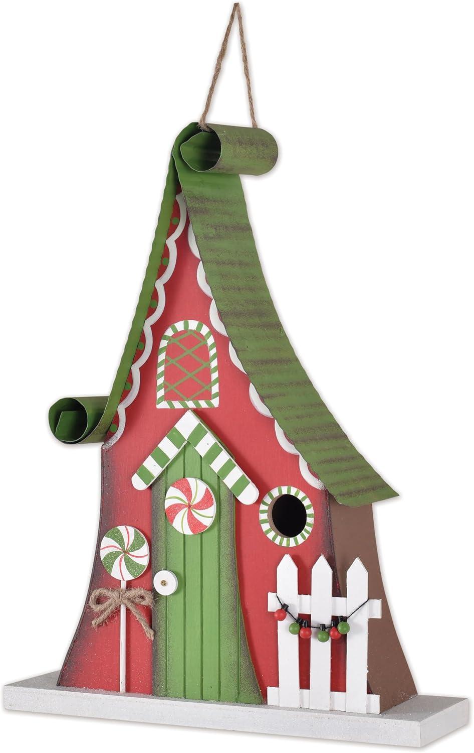 Holiday Red and Green Wooden Cottage Birdhouse with Candy Accents