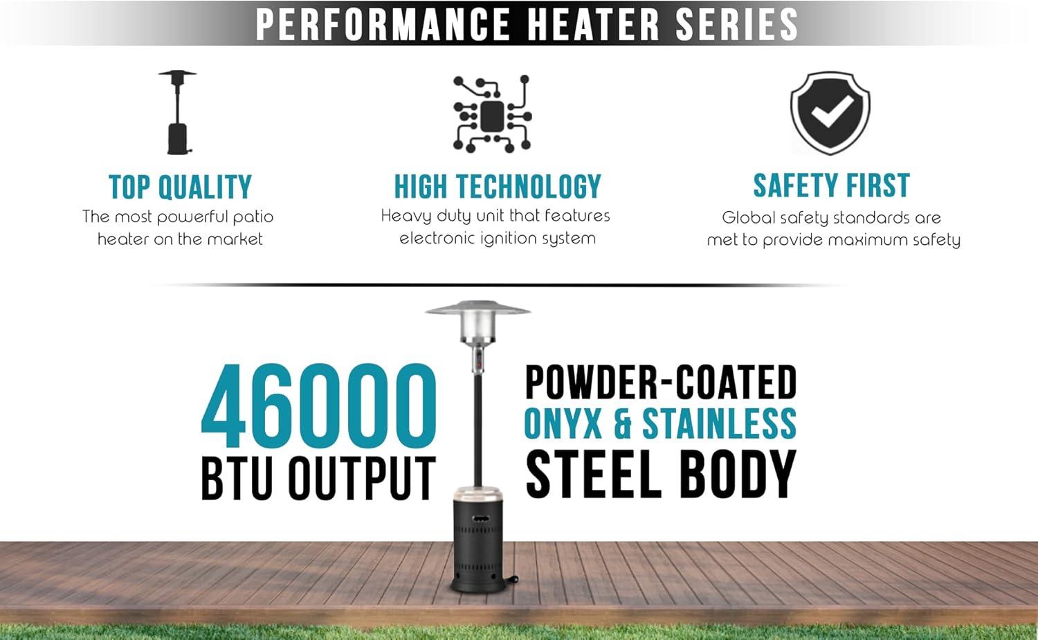 Fire Sense 01775 Performance Series Patio Heater With Wheels 50,000 BTU Output Electronic Ignition System Portable Outdoor Propane Heater - Unpainted Stainless Steel