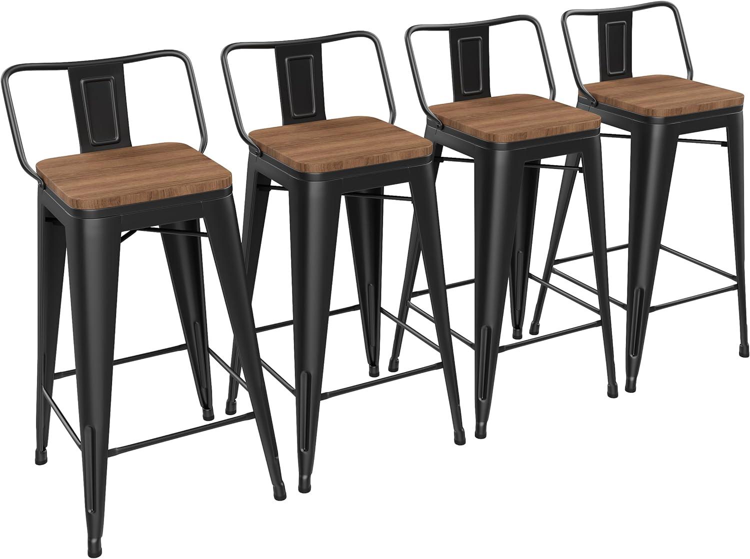 U-SHARE 24'' Metal Bar Stool 4PCS Low Back Conuter Stools for Indoor/Outdoor Barstools Metal Black Stools Bar Chairs w/Wooden Seat Metal Leg Industrial Counter Height Stools Black