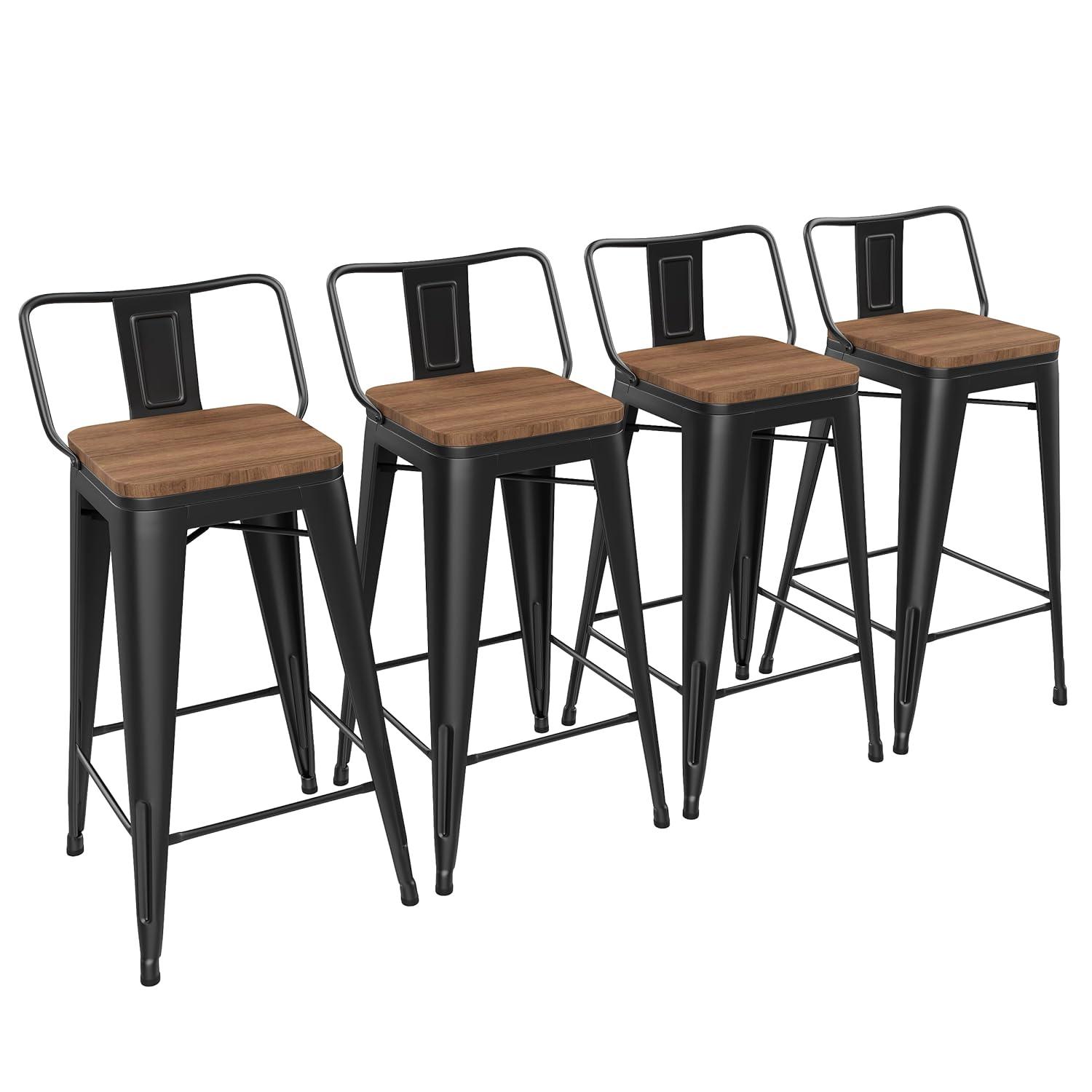 Killeryuki 24'' Metal Bar Stool 4PCS Low Back Conuter Stools for Indoor/Outdoor Barstools Metal Black Stools Bar Chairs w/Wooden Seat Metal Leg Industrial Counter Height Stools Black
