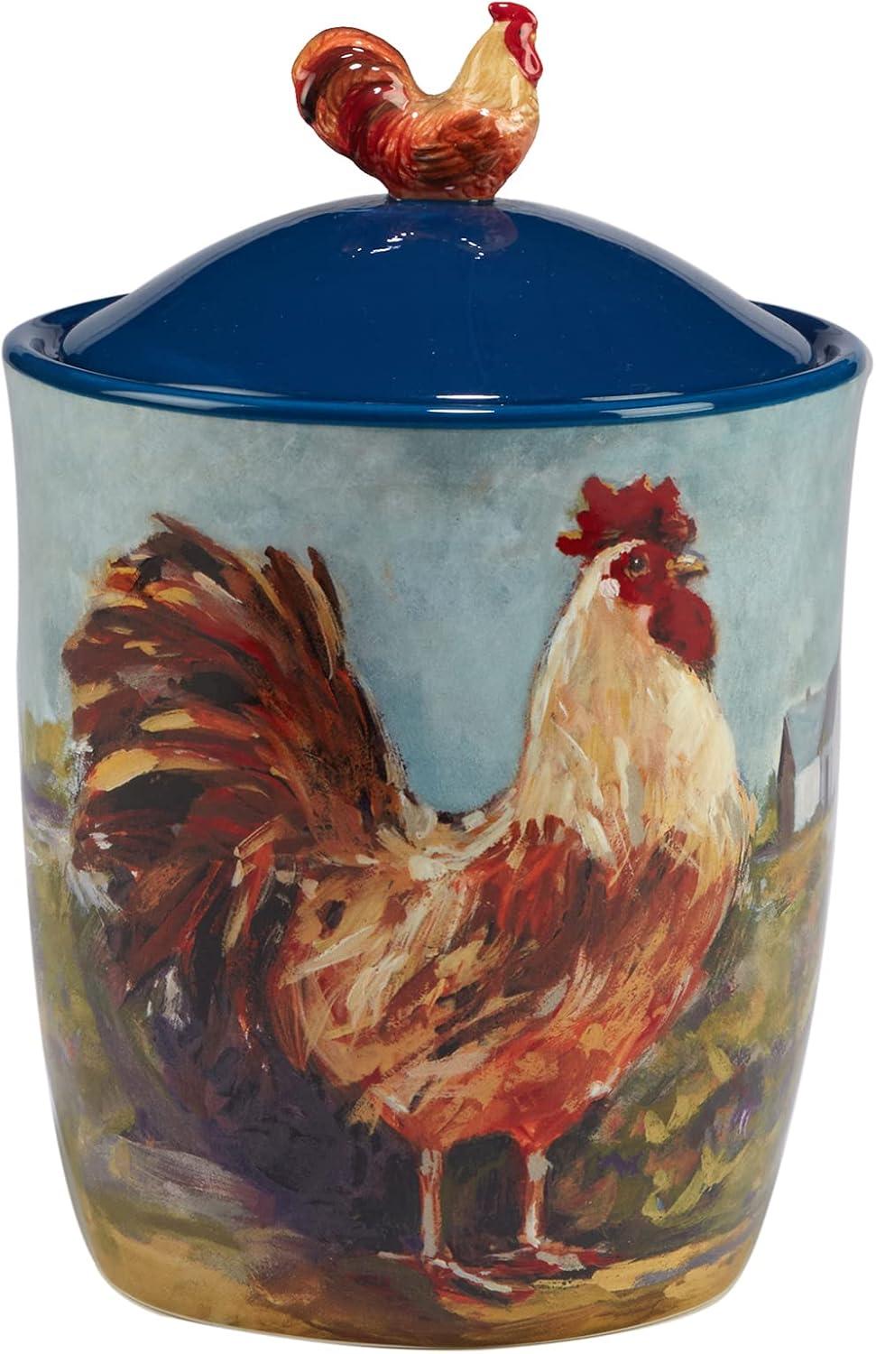 Blue Ceramic Rooster Meadow 3-Piece Canister Set