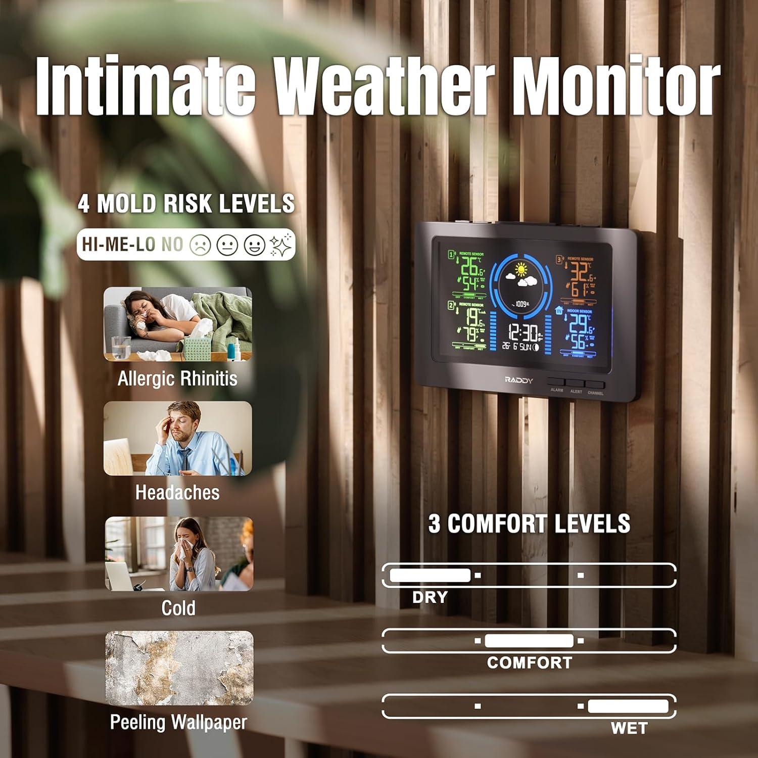 Raddy Weather Station Wireless Indoor Outdoor 7.5'' Large Color Display, 3 Outdoor Sensors