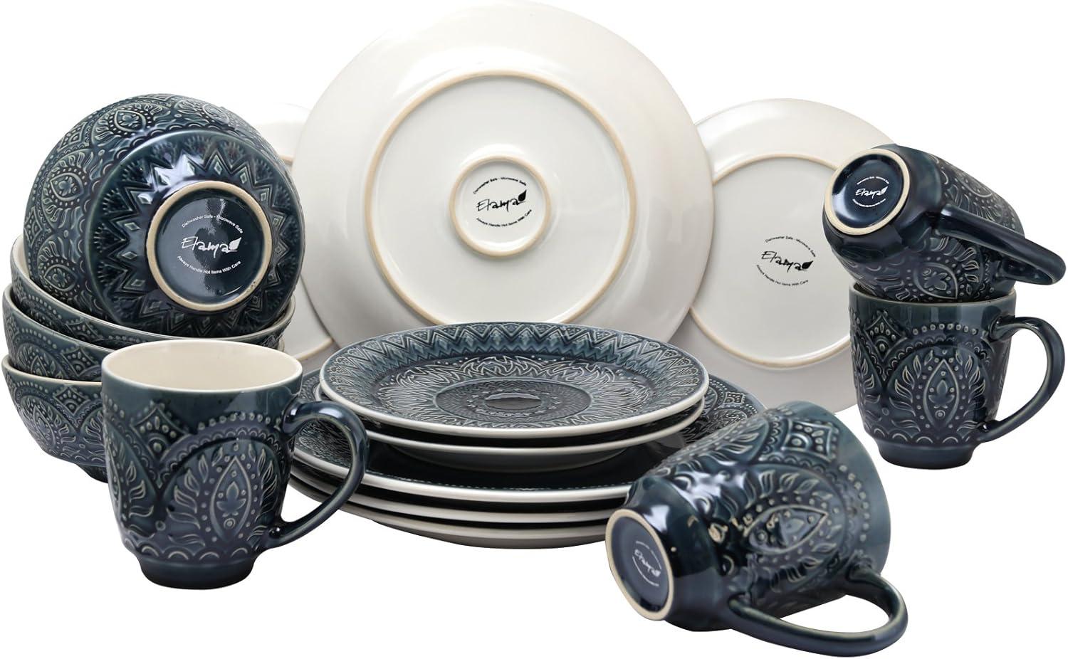 16pc Stoneware Mandala Embossed Dinnerware Set Blue - Elama: Classic Lace Pattern, Service for 4, Microwave & Dishwasher Safe