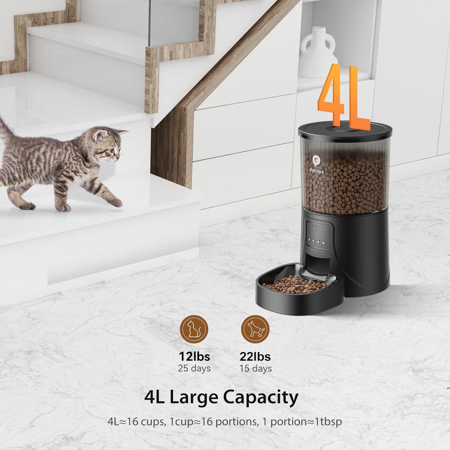 Black Dual Automatic Cat Feeder with Stainless Steel Bowls