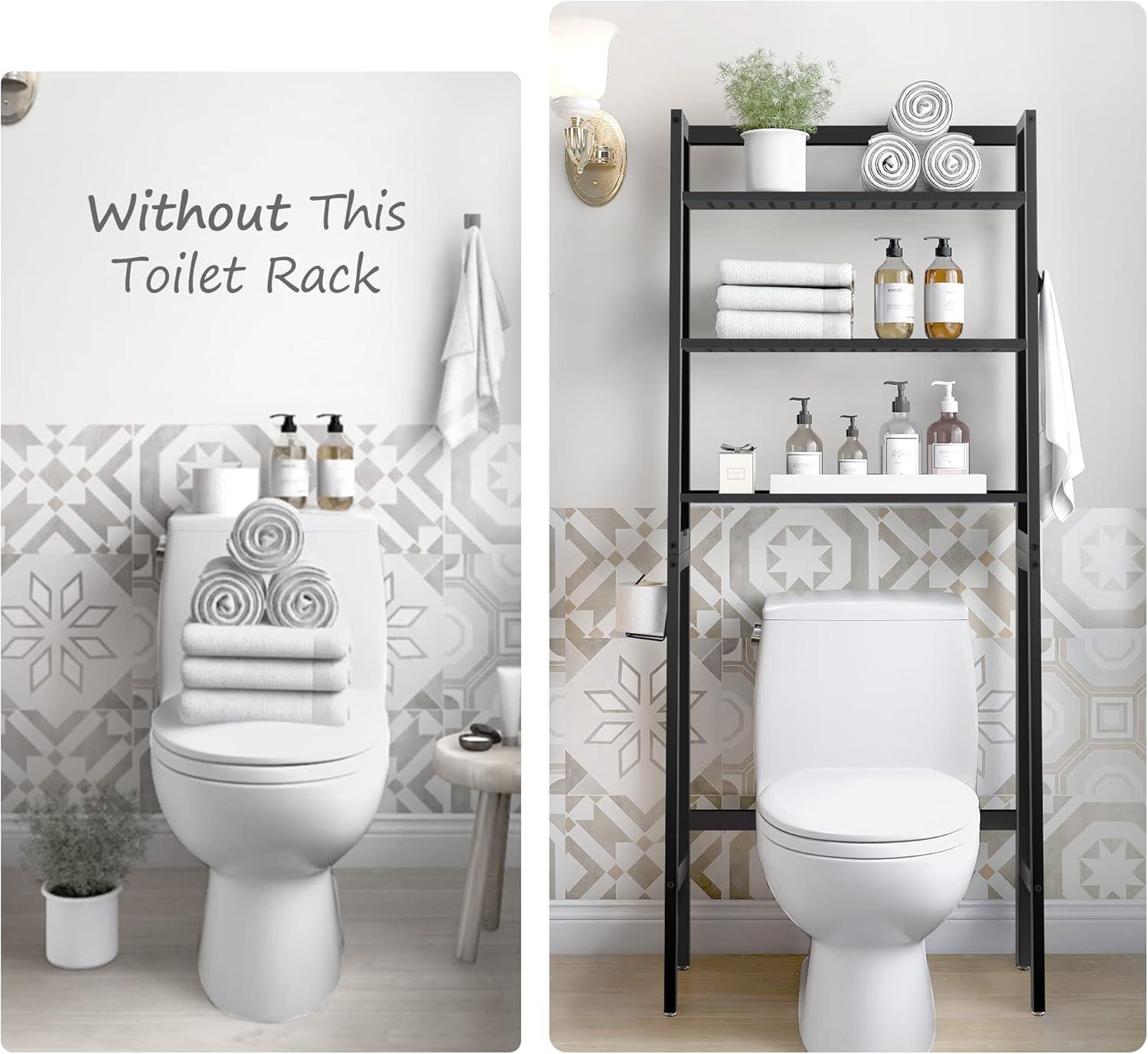 Over The Toilet Storage, Wooden 3-Tier Over-The-Toilet Rack Bathroom Space Saver Organizer, Freestanding Above Toilet Stand with Toilet Paper Holder and Towel Hook(White)