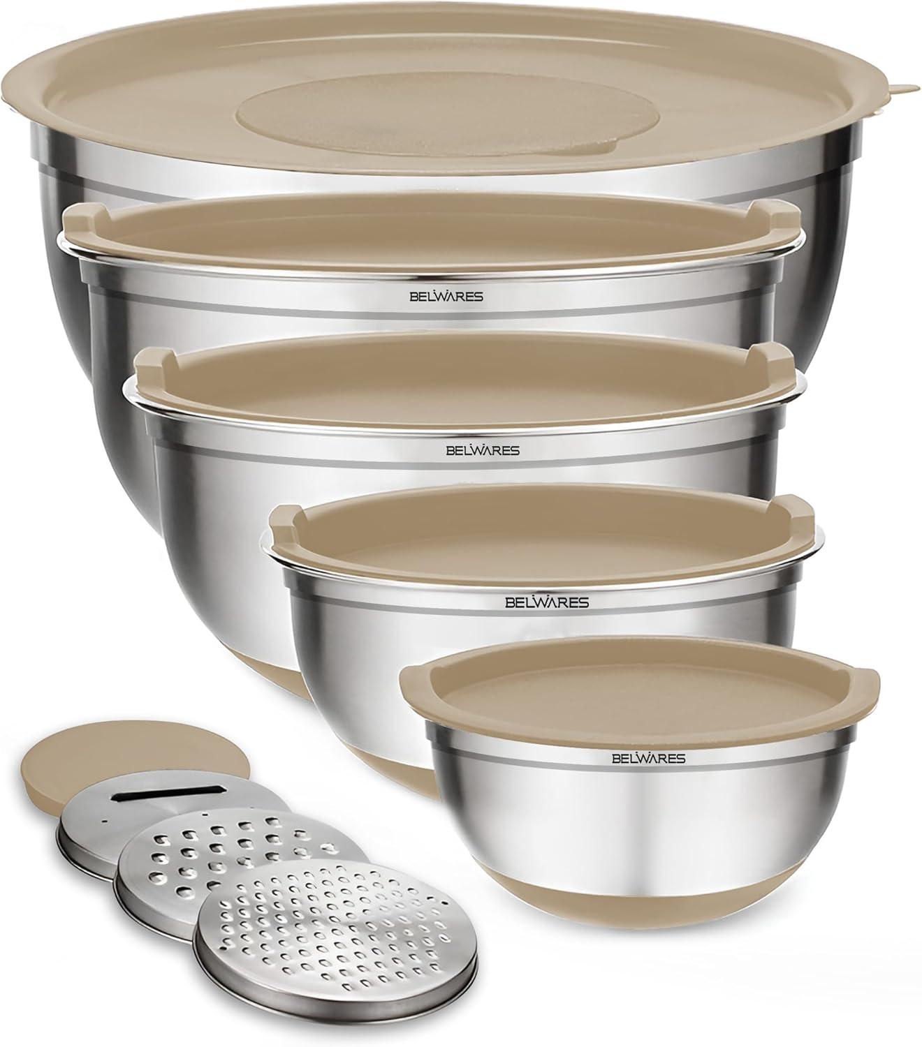 Khaki Stainless Steel Nesting Mixing Bowls with Lids Set of 5