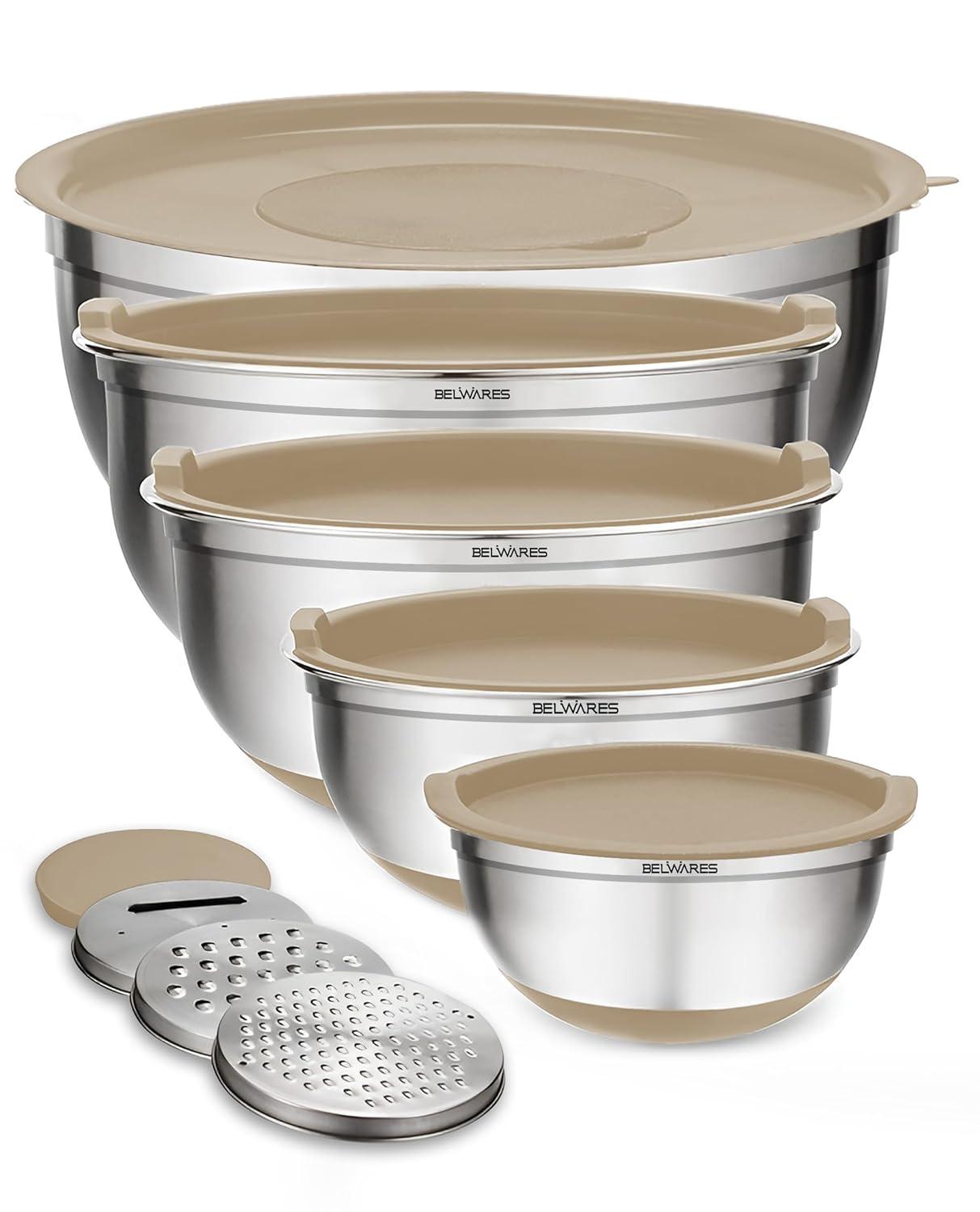 Toledo Bath & Kitchen Stainless Steel Mixing Bowls With Lids, 5-Pack Metal Nesting Bowls With Airtight Covers For Cooking, Baking, Serving, Storage, Non-Toxic & Dishwasher Safe, Size 4.6/3/1.5/1/0.7QT - Khaki