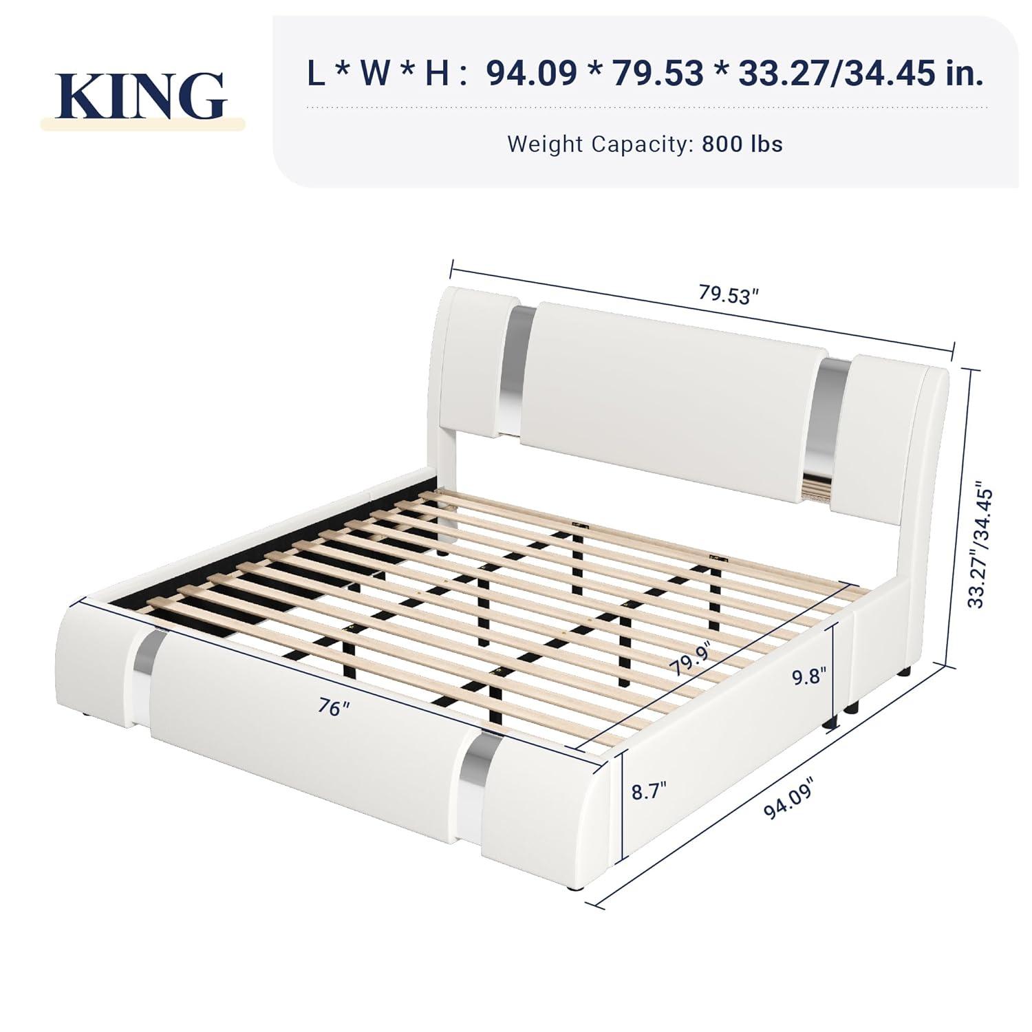 Allewie King Size Bed Frame with Iron Piece Decor, Faux Leather Upholstered Platform Bed with Curved Adjustable Headboard, Wooden Slats Support, No Box Spring Needed, Modern White