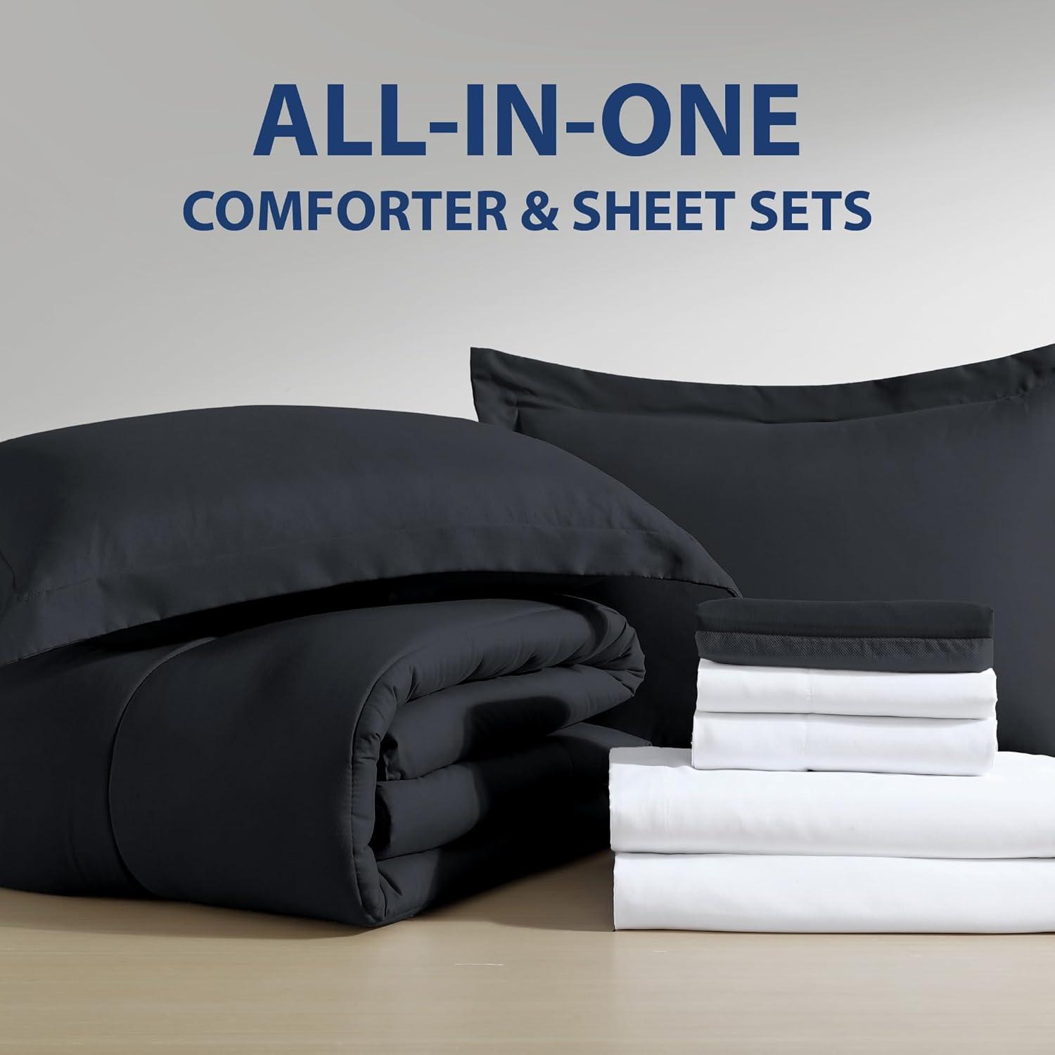 Swift Home | 8-Piece Ultra Soft Solid Bed-In-A-Bag Bedding Set Black Queen