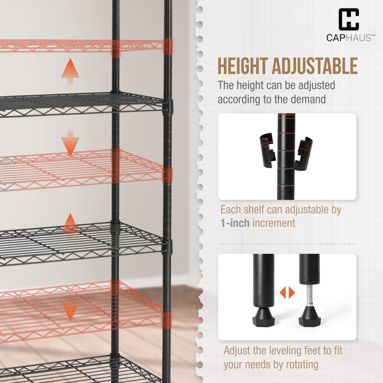 CAPHAUS NSF Adjustable Height 5 Tier Wire Shelving Unit w/ Basket & Liner, Black & Silver