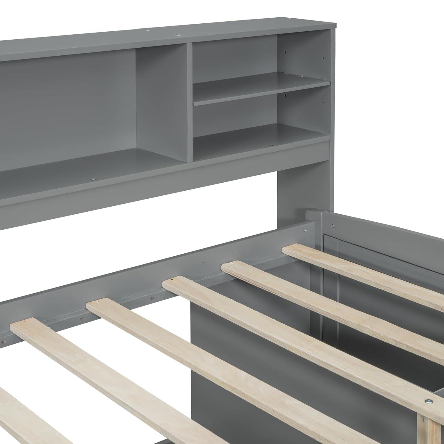 Harper & Bright Designs Full Size Storage Daybed with 4 Drawers, Bookcase and 2 Bedside Cabinets, Solid Wood Full Captain’s Bed Frame for Kids Teens Adults, No Box Spring Needed (Gray)