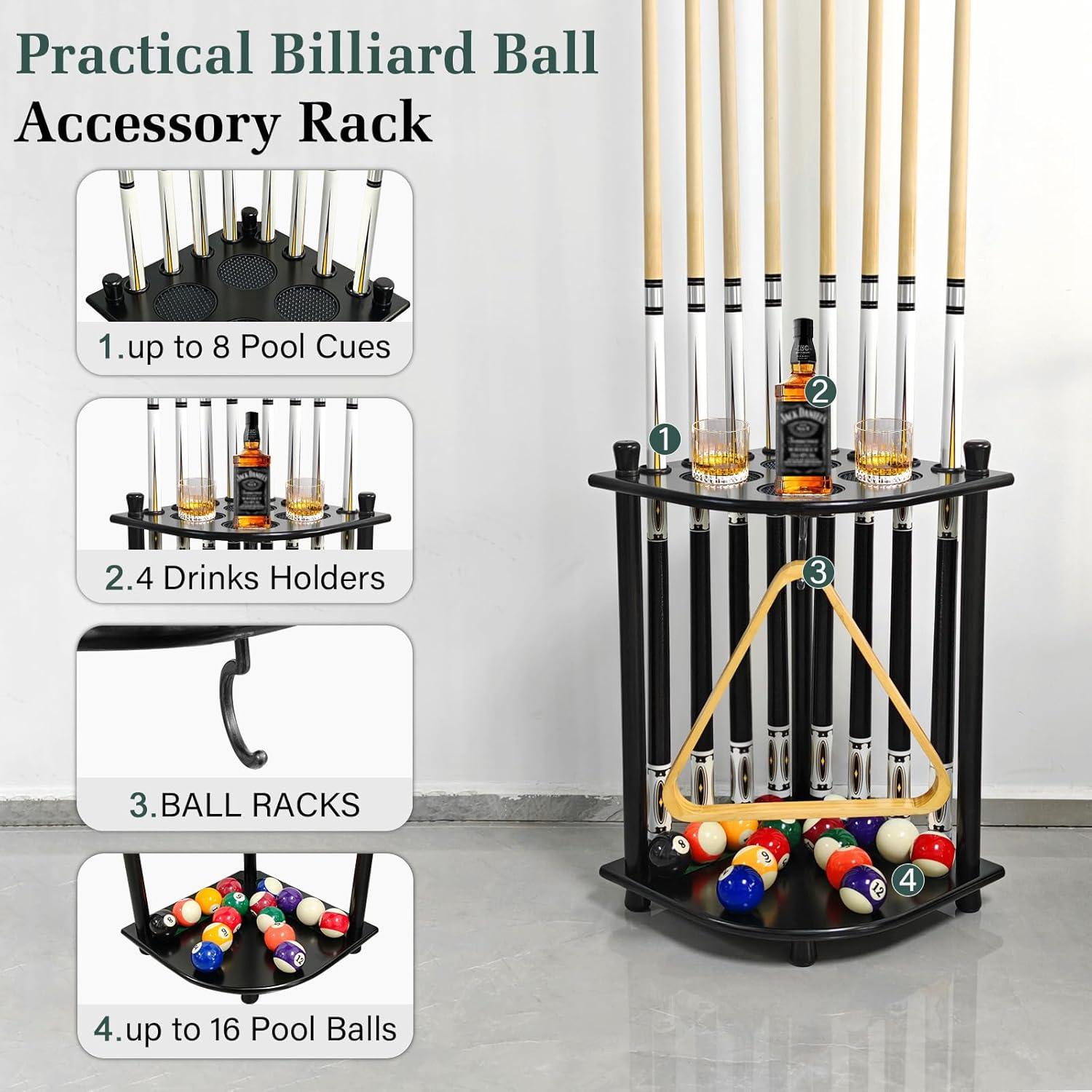 Wood Pool Cue Rack Solid Pool Stick Holder,Black Floor Stand Holds 8 Pool Billiard Stick Billiard Cue Racks,Pool Table Accessories for Game Room,Club