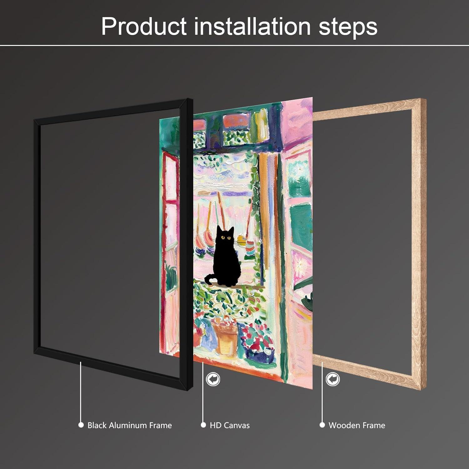 Henri Matisse Oil Paintings on Canvas Wall Art Matisse Famous Open Window Black Cat Poster Funny Cat Floral Print Colorful Farmhouse Gallery Aesthetic Room Decor for Bedroom Bathroom 12x16in Unframed