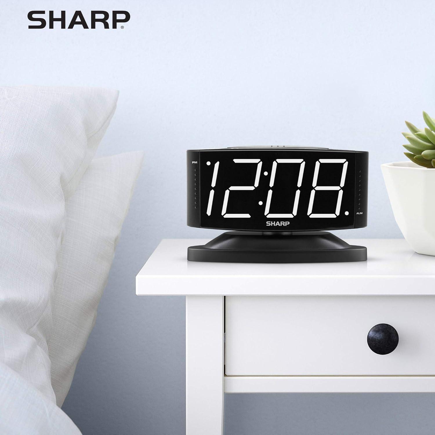 SHARP LED Digital Alarm Clock, Swivel Base, Alarm, Snooze, Brightness Dimmer, Black Case -White LED