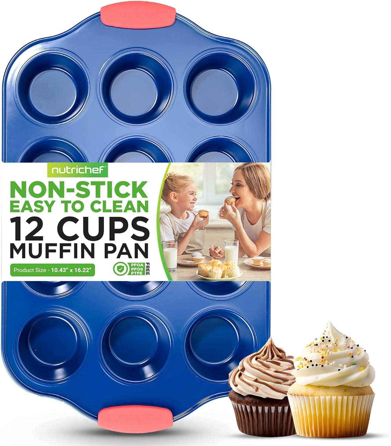 NutriChef 12 Cup Muffin Pan - Deluxe Nonstick Blue Coating Inside & Outside