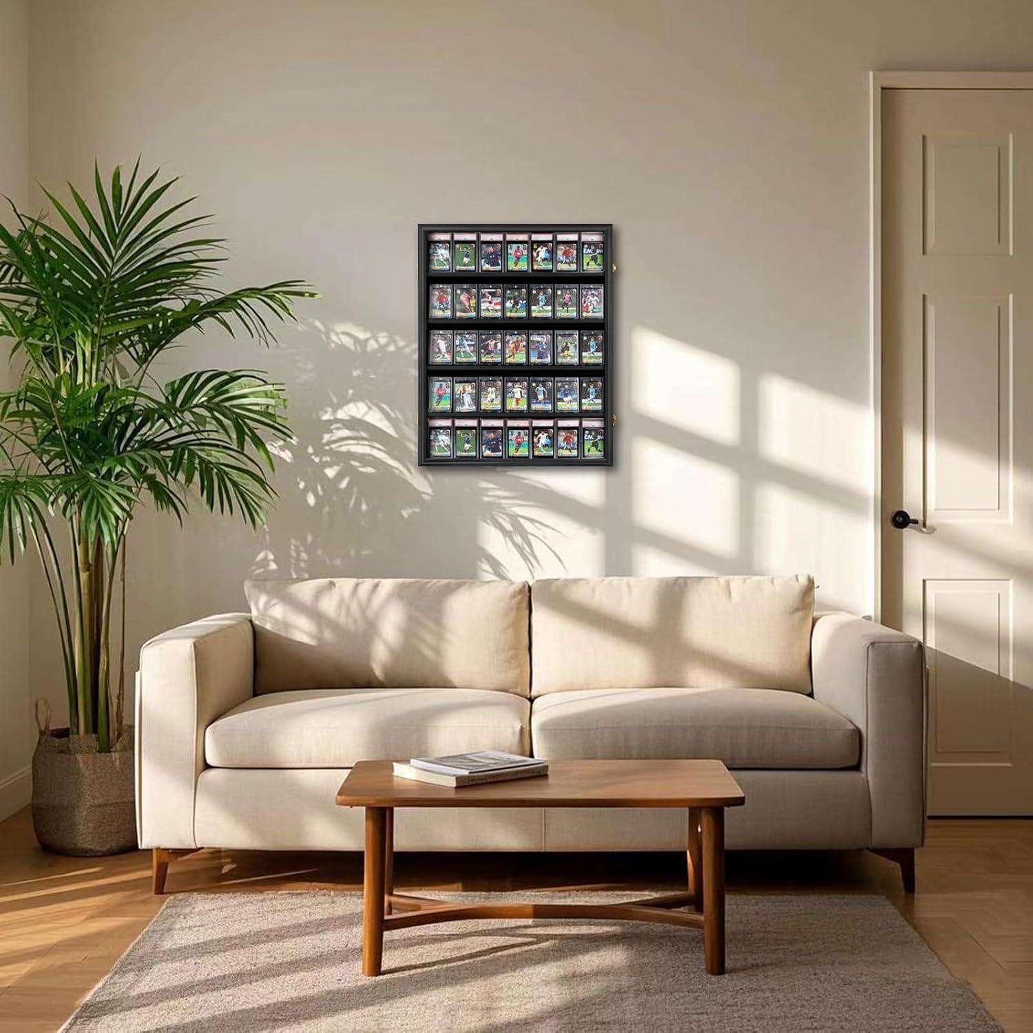 Estuche para Exhibición de Tarjetas Deportivas de 35 Grados: Marco de Exhibición de Tarjetas de Béisbol con Protección UV Gabinete de Pared con Cerradura Transparente para Tarjetas Coleccionables de Baloncesto Negro Vertical