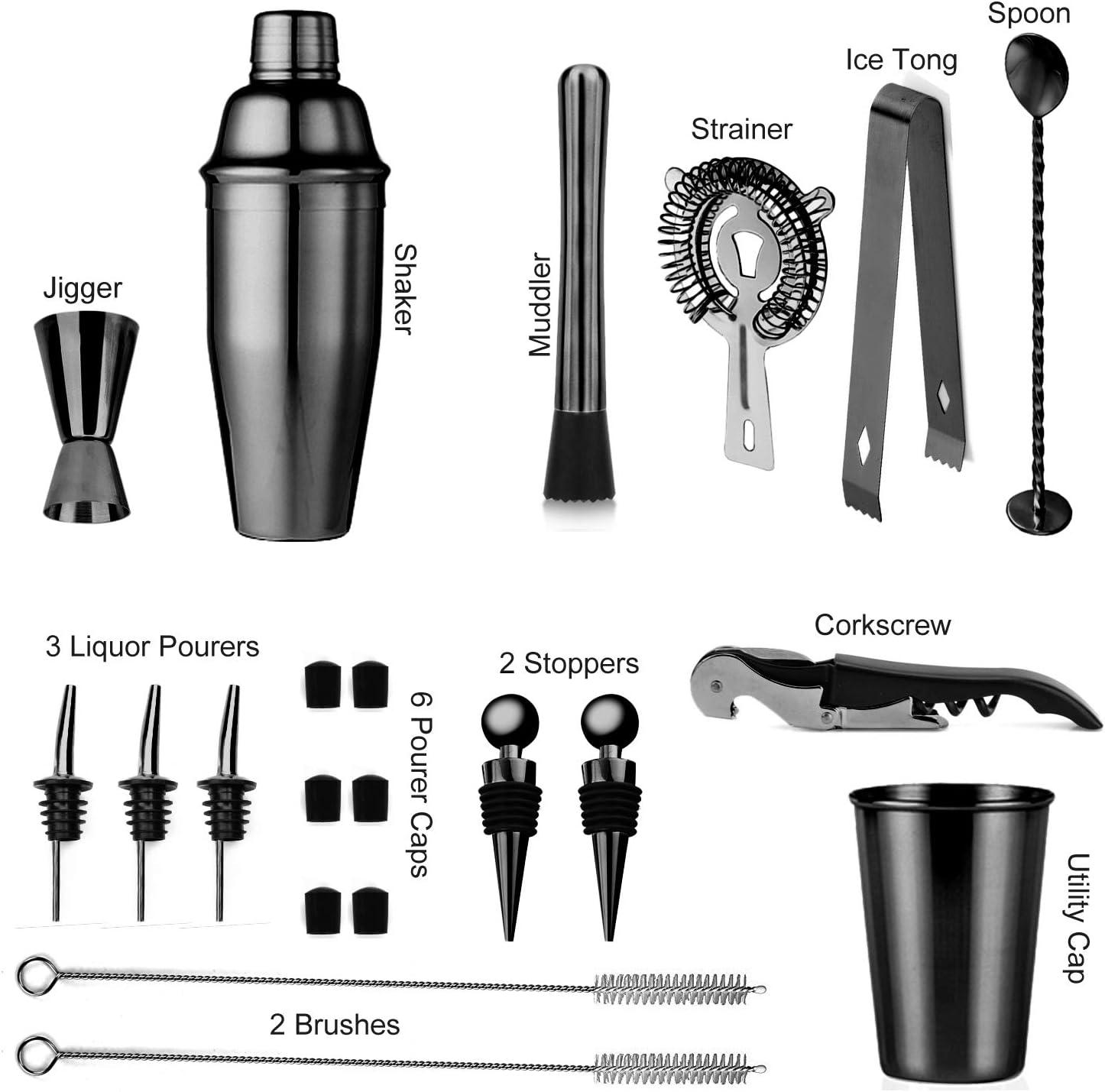 24-Piece Black Stainless Steel Bartender Kit with Stand