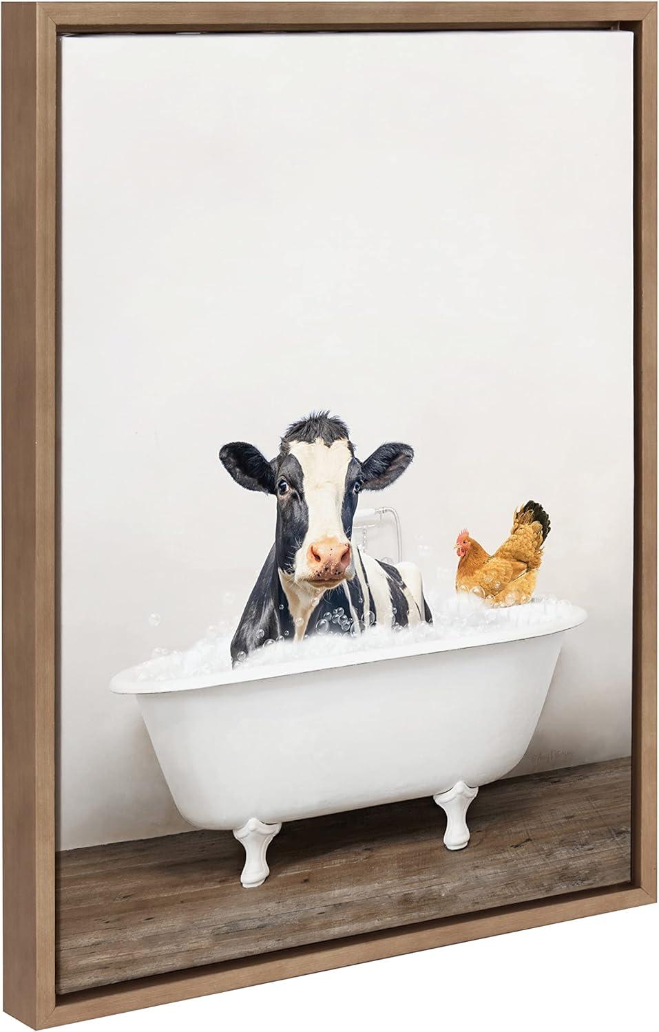 Kate & Laurel All Things Decor 18"x24" Sylvie Cow and Chicken in Rustic Bath Frame Canvas by Amy Peterson: Whimsical Wall Art