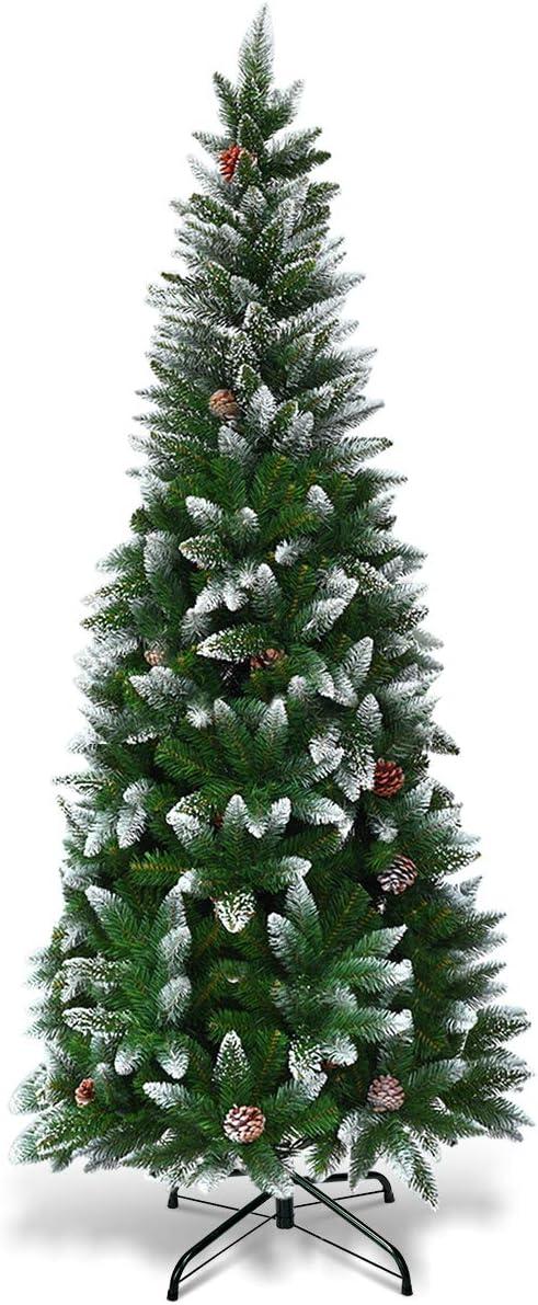 Costway 5ft Snow Flocked Unlit Pencil Christmas Tree Hinged Pine Cones