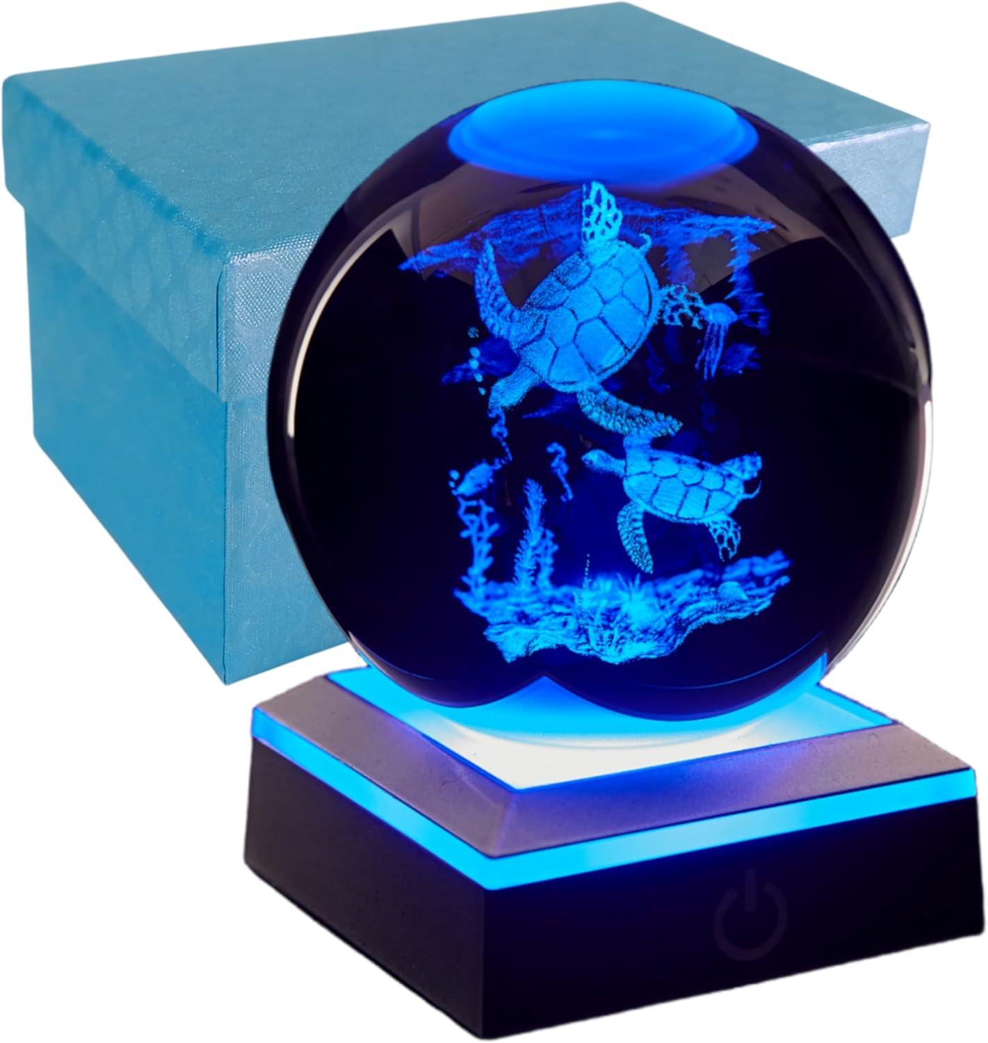 3D Sea Turtle Crystal Ball Night Light, Upgraded 3.15 Inch Glass Ball Lamps with LED Base, Sea Turtle Lamp Decor, Birthday Holiday Xmas Gifts for Boys Girls Friends (Sea Turtle)