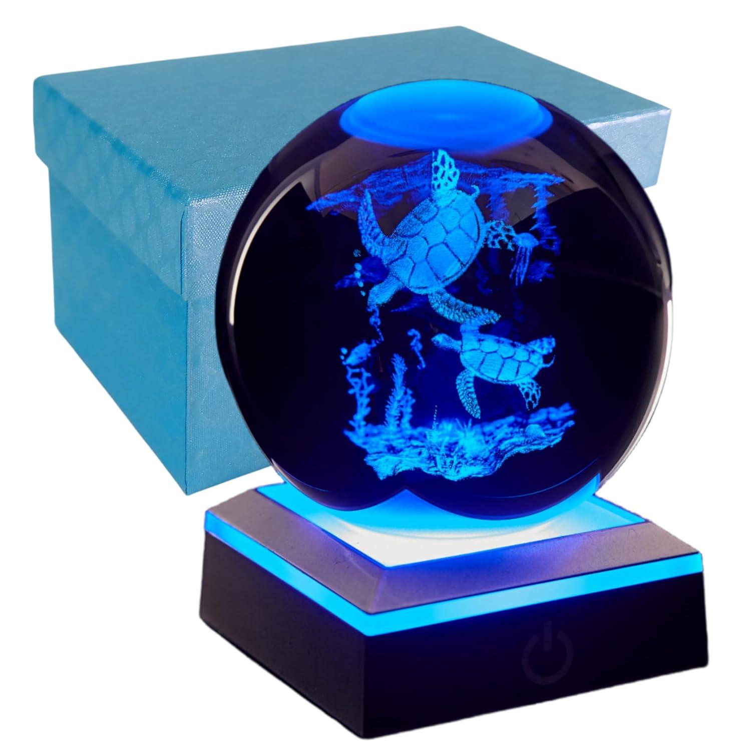 3D Sea Turtle Crystal Ball Night Light, Upgraded 3.15 Inch Glass Ball Lamps with LED Base, Sea Turtle Lamp Decor, Birthday Holiday Xmas Gifts for Boys Girls Friends (Sea Turtle)