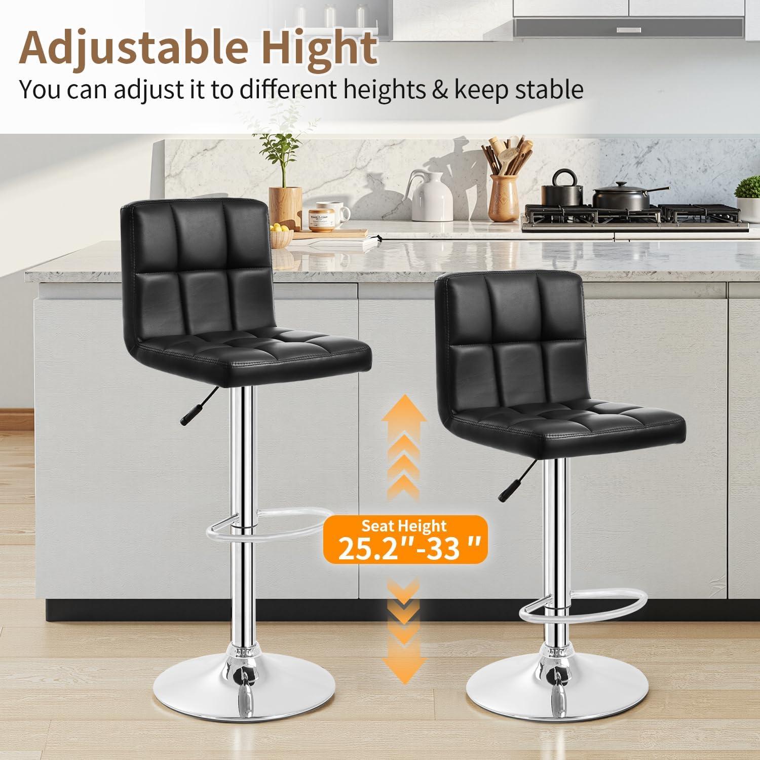 FDW Bar Stool Height Adjustable Swivel Stool with Back PU Leather Kitchen Counter Stools Set of 2 Dining Chairs, Black