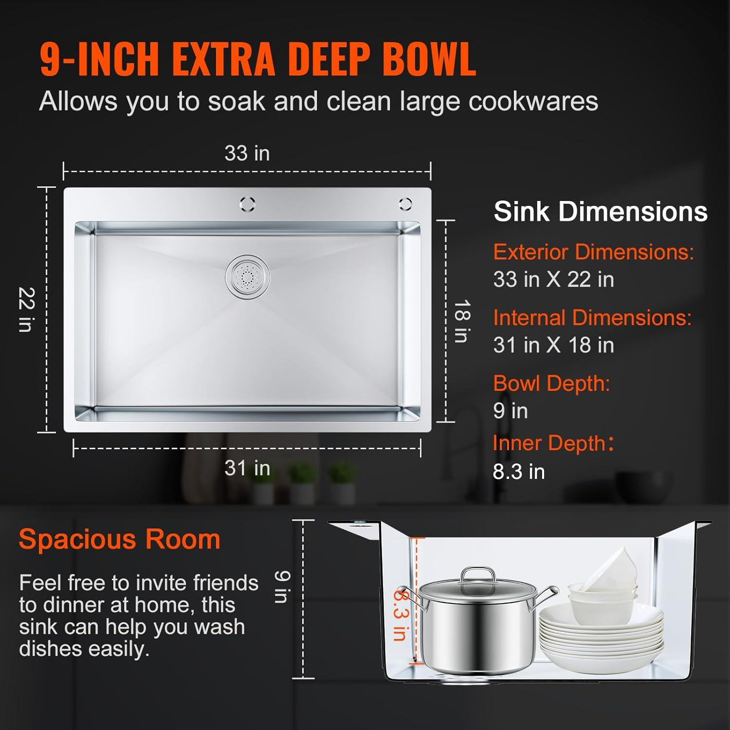 33'' L Flush Single Bowl Stainless Steel Kitchen Sink