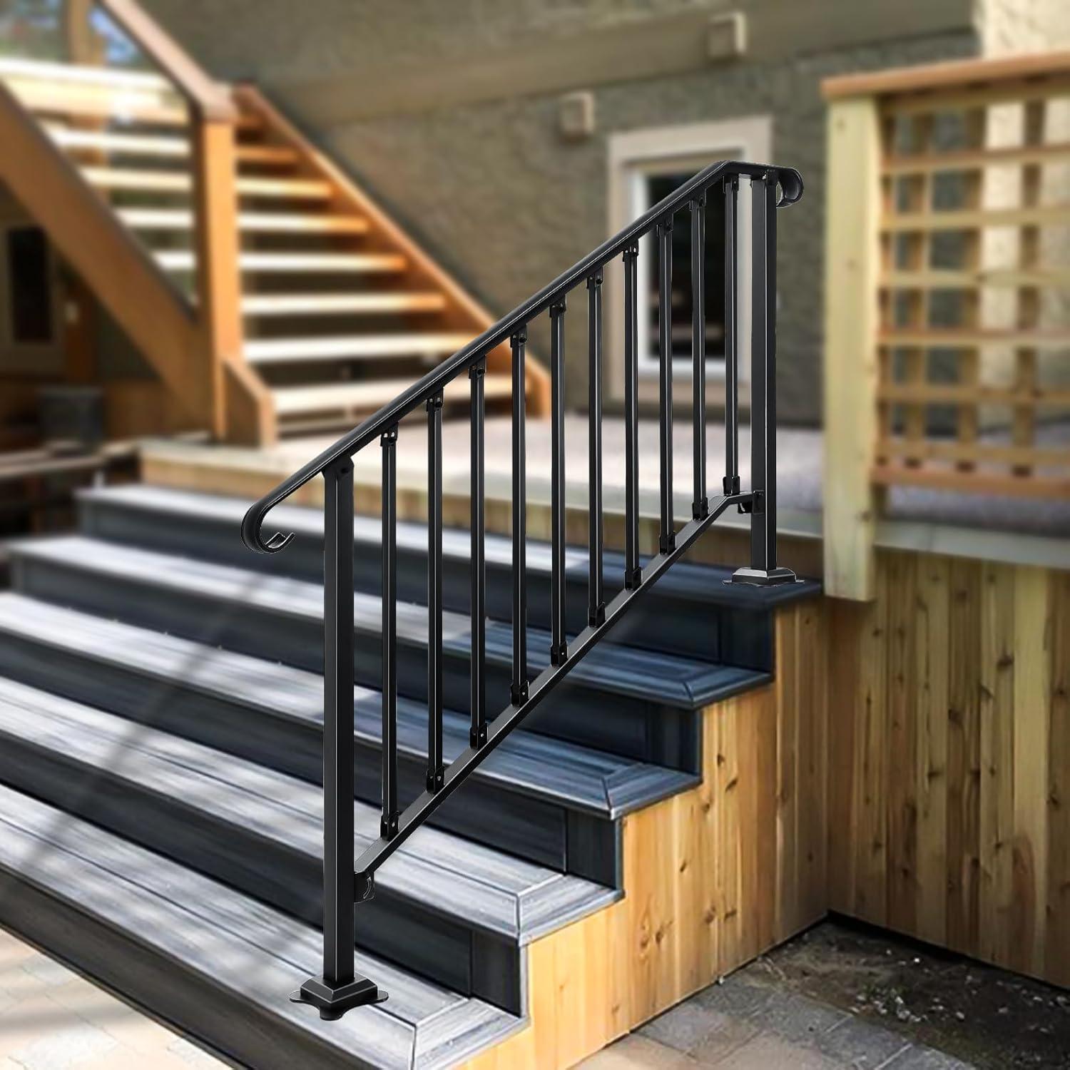 HLL Handrails for Outdoor Steps, Black Wrought Iron Handrail Fits 4 or 5 Steps, Transitional Handrail with Installation Kit, Stair Railing for Concrete Steps or Wooden Stairs