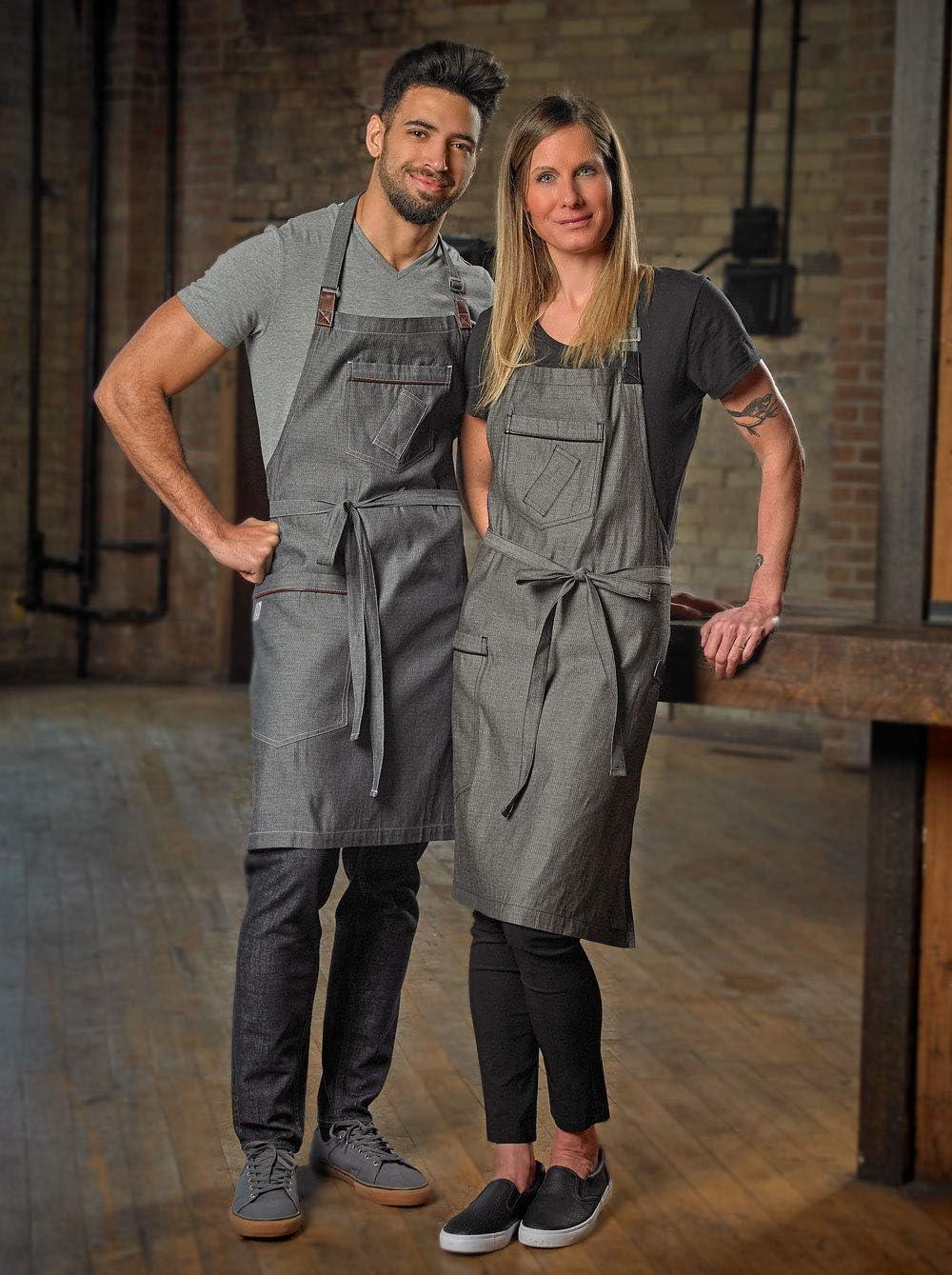 Mercer Culinary Metro Edge Renegade Bib Server Apron, Black Denim with Brown Leather Straps