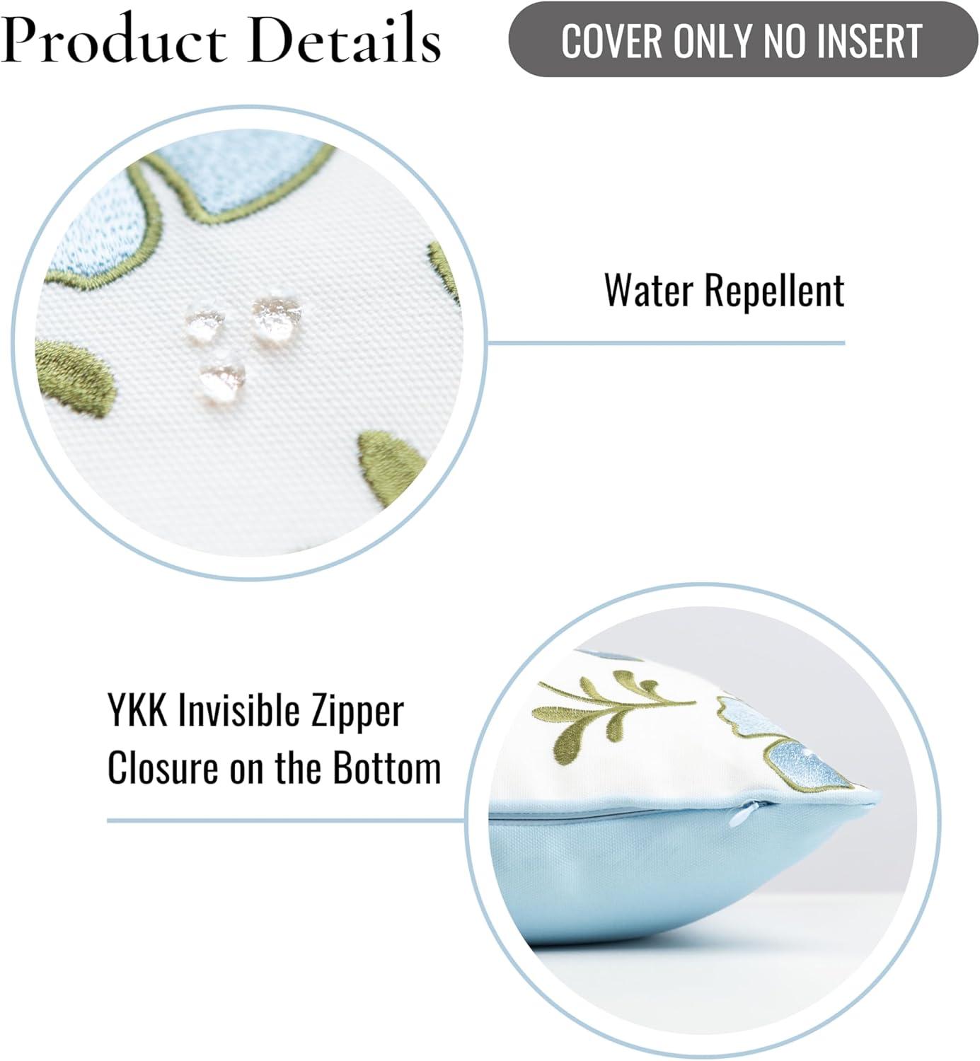 Hofdeco Premium Coastal Patio Indoor Outdoor Lumbar Pillow Cover Only, 12"x20" Water Repellent for Backyard, Couch, Baby Blue Green Embroidered Hibiscus Floral with Piping