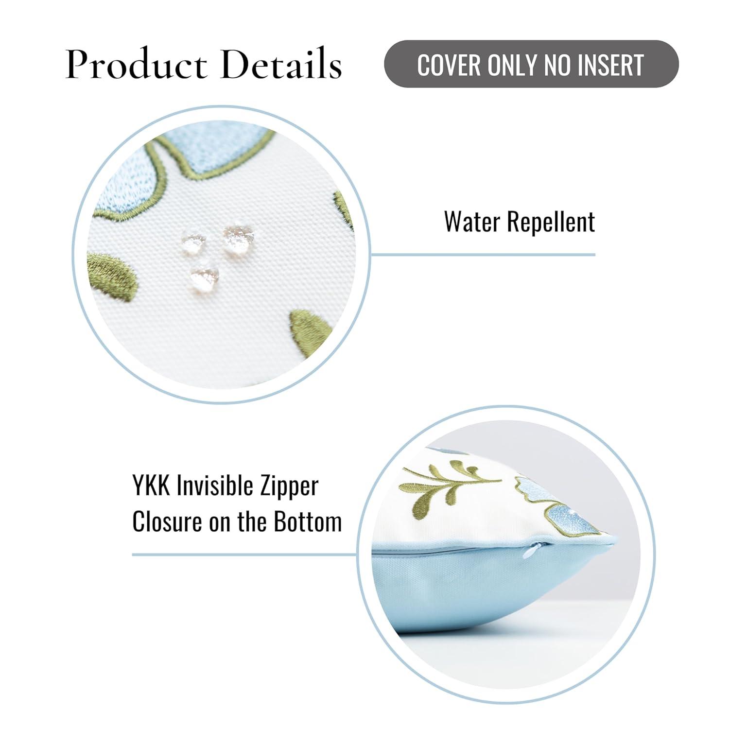 Hofdeco Premium Coastal Patio Indoor Outdoor Lumbar Pillow Cover Only, 12"x20" Water Repellent for Backyard, Couch, Baby Blue Green Embroidered Hibiscus Floral with Piping
